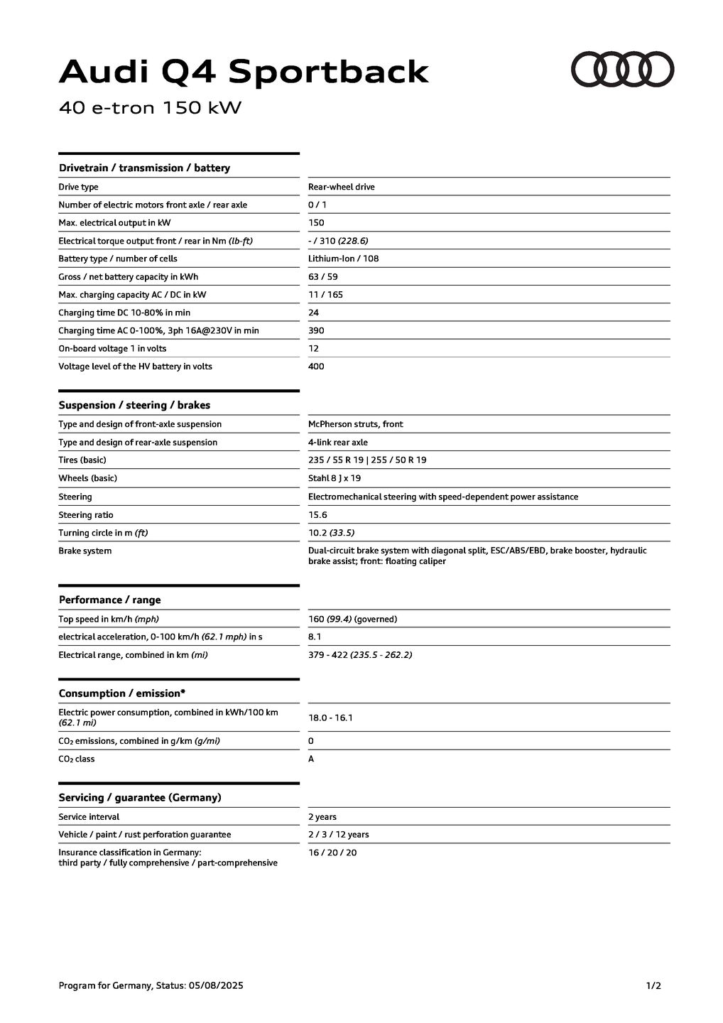 Q4 Sportback 40 e-tron (150 kW)