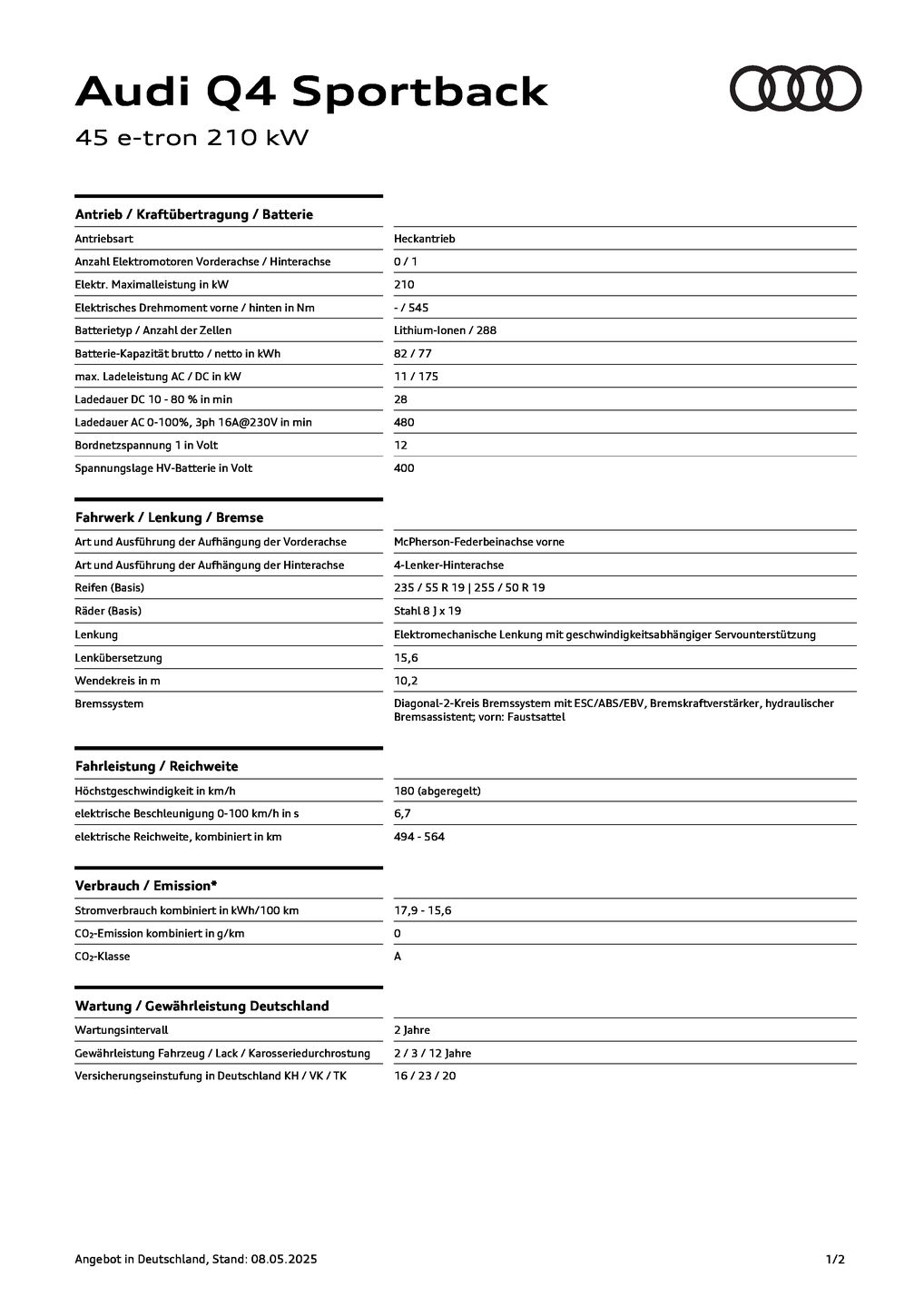Q4 Sportback 45 e-tron (210 kW)
