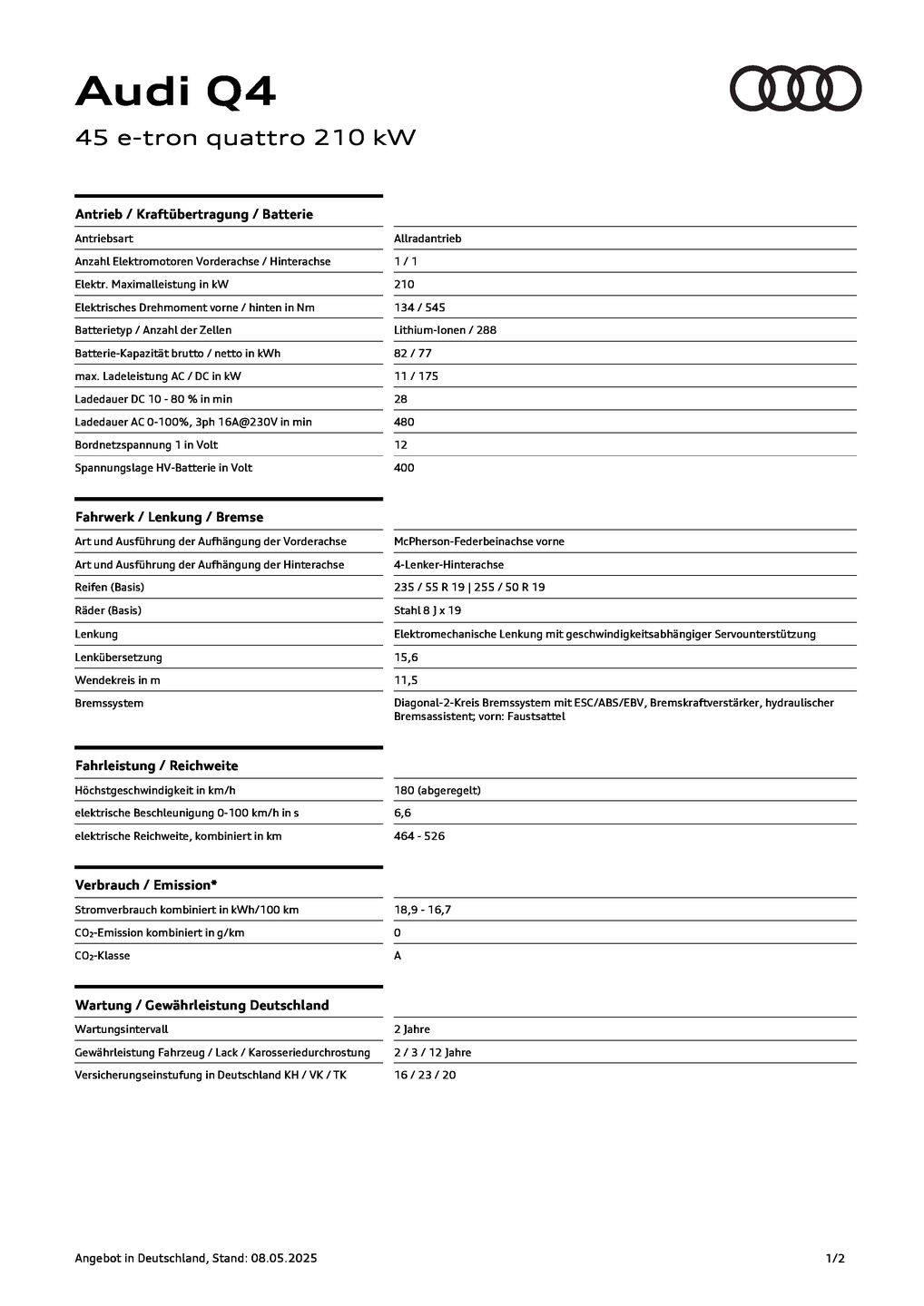 Q4 Sportback 45 e-tron quattro (210 kW)