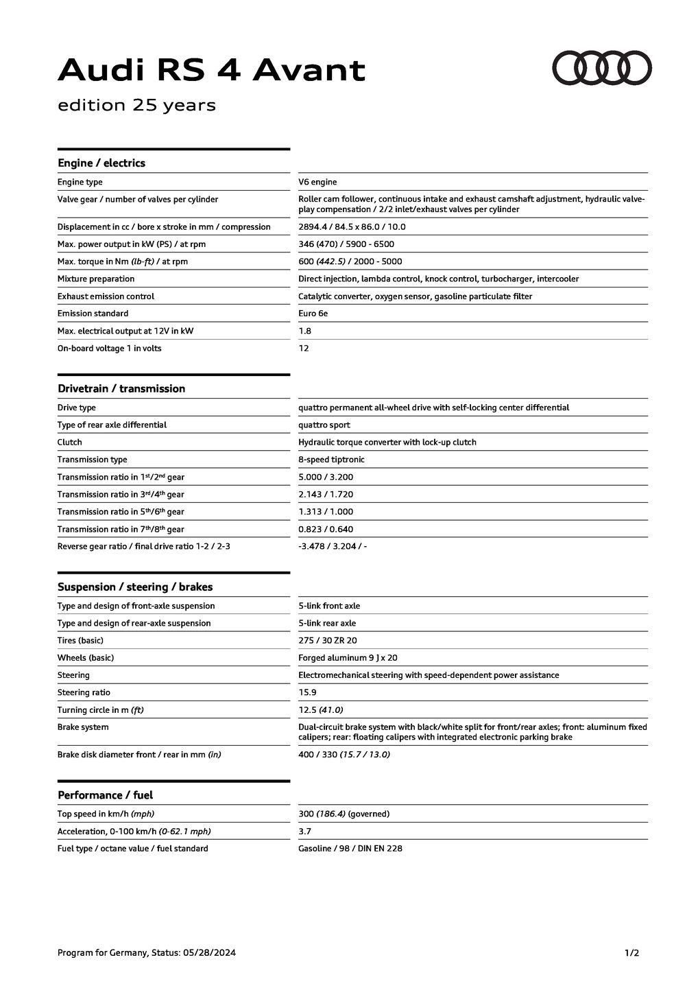 RS 4 Avant (until 2024) edition 25 years (346 kW)