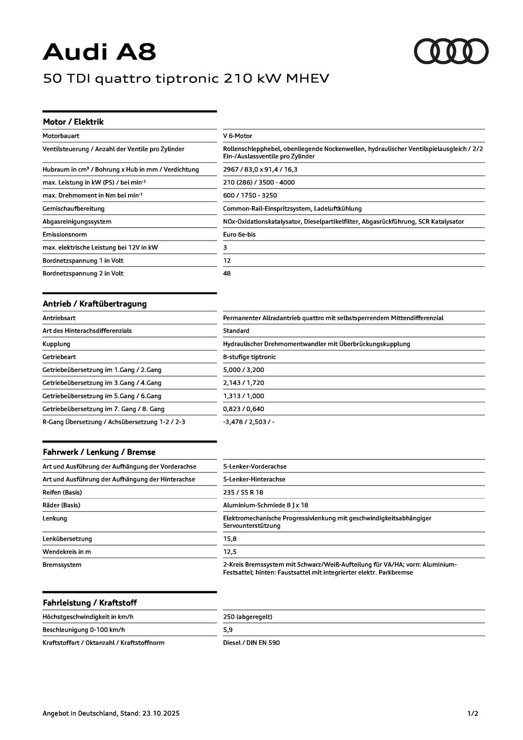 A8 50 TDI quattro tiptronic (210 kW) MHEV