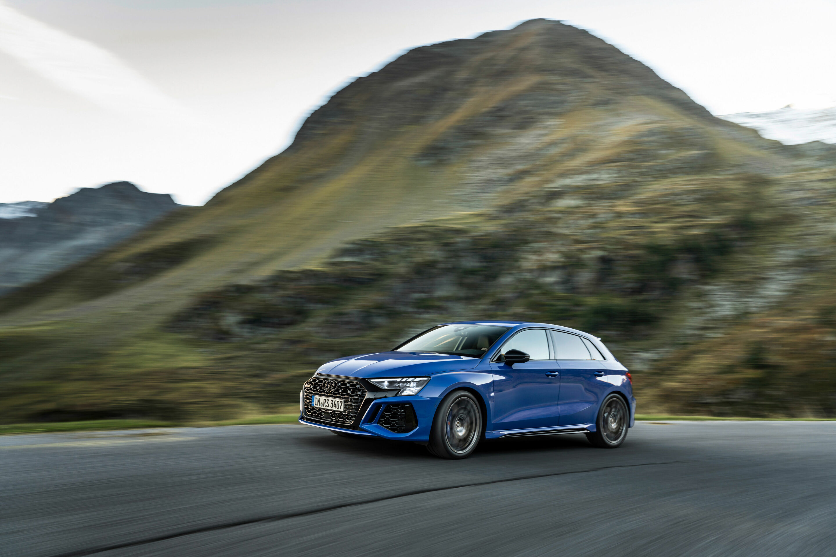 Audi RS 3 Sportback performance edition - Dynamic photo, Colour: Nogaro Blue, Pearl Effect .