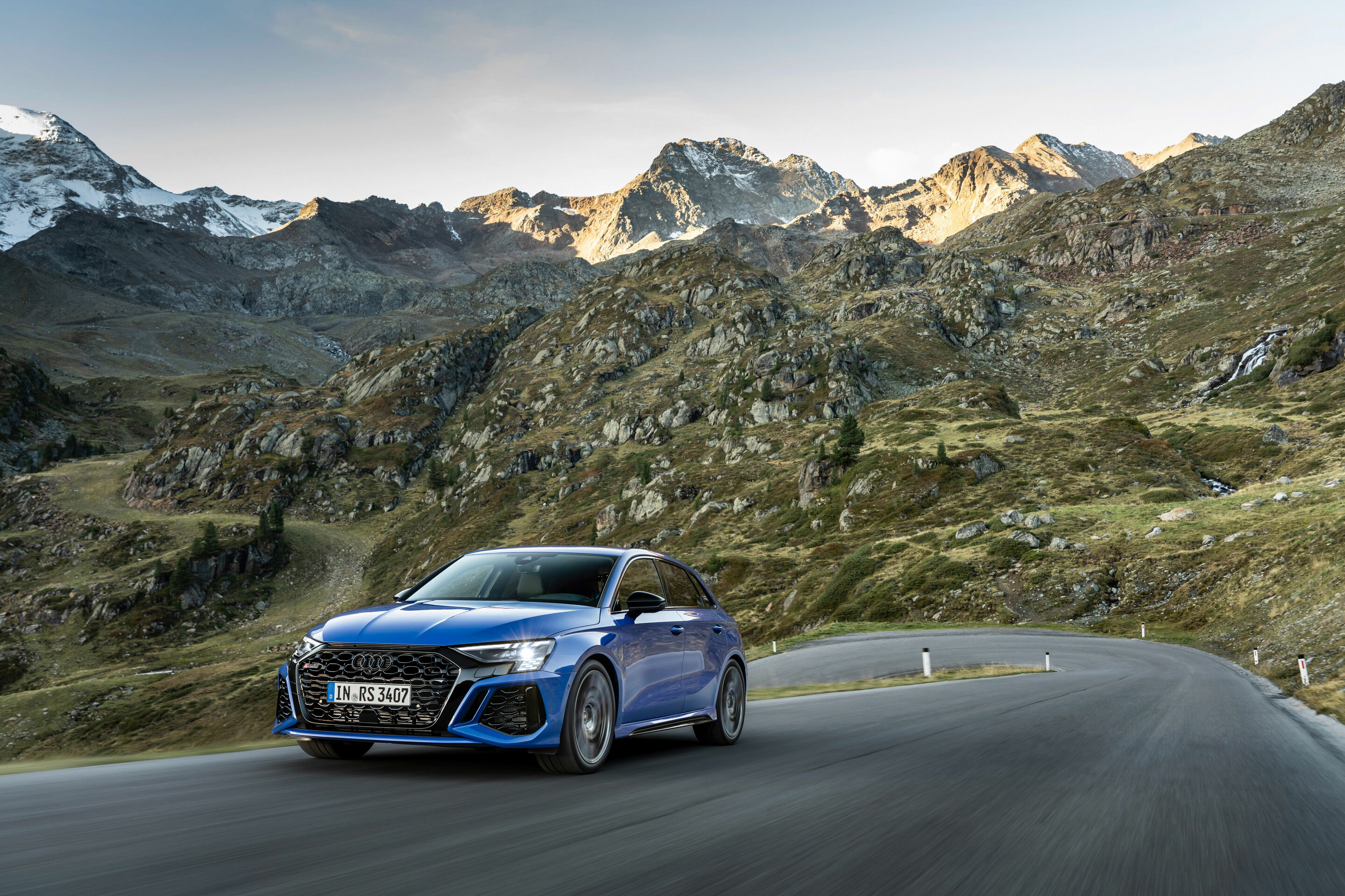 Audi RS 3 Sportback performance edition - Dynamic photo, Colour: Nogaro Blue, Pearl Effect .