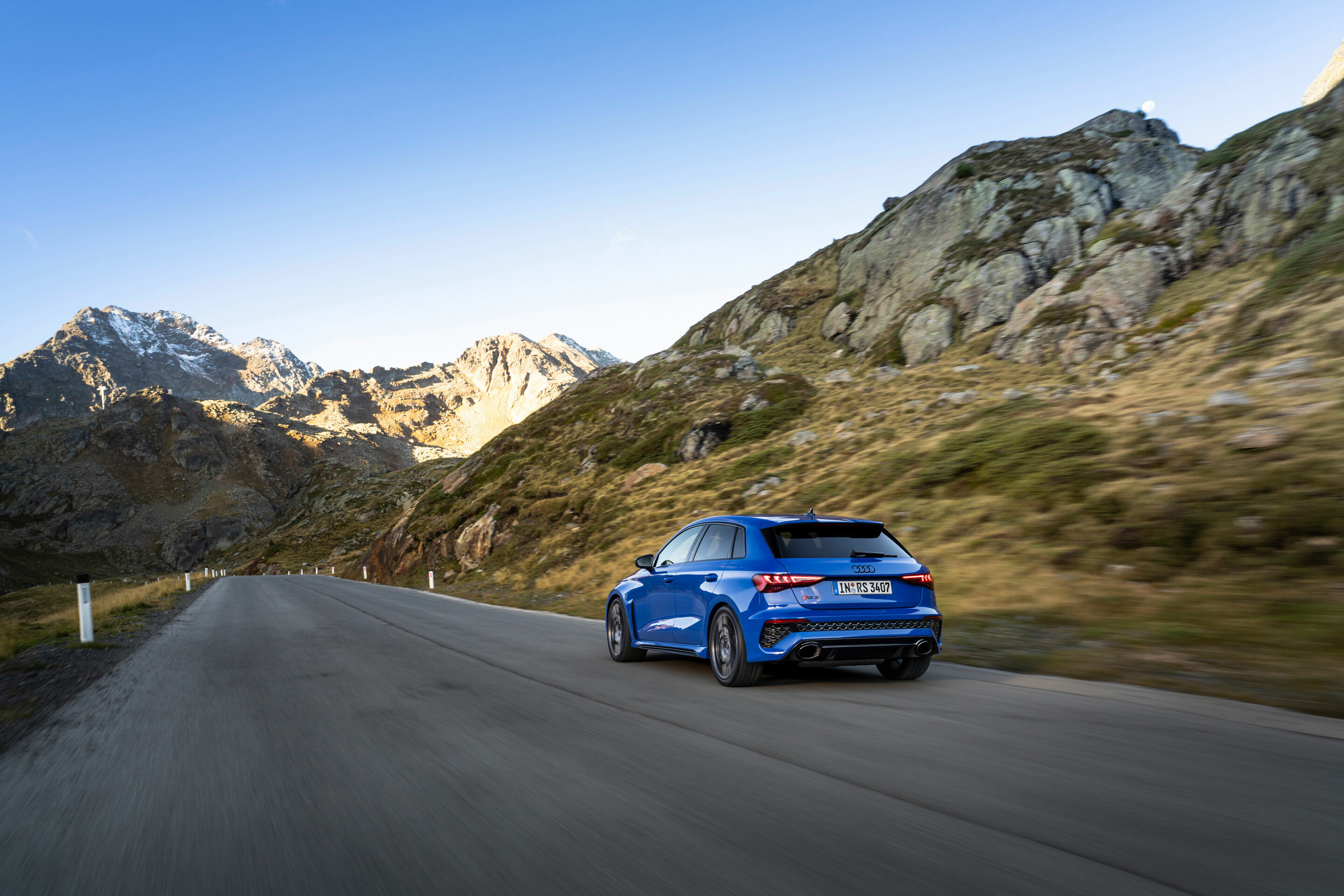 Audi RS 3 Sportback performance edition - Dynamic photo, Colour: Nogaro Blue, Pearl Effect .