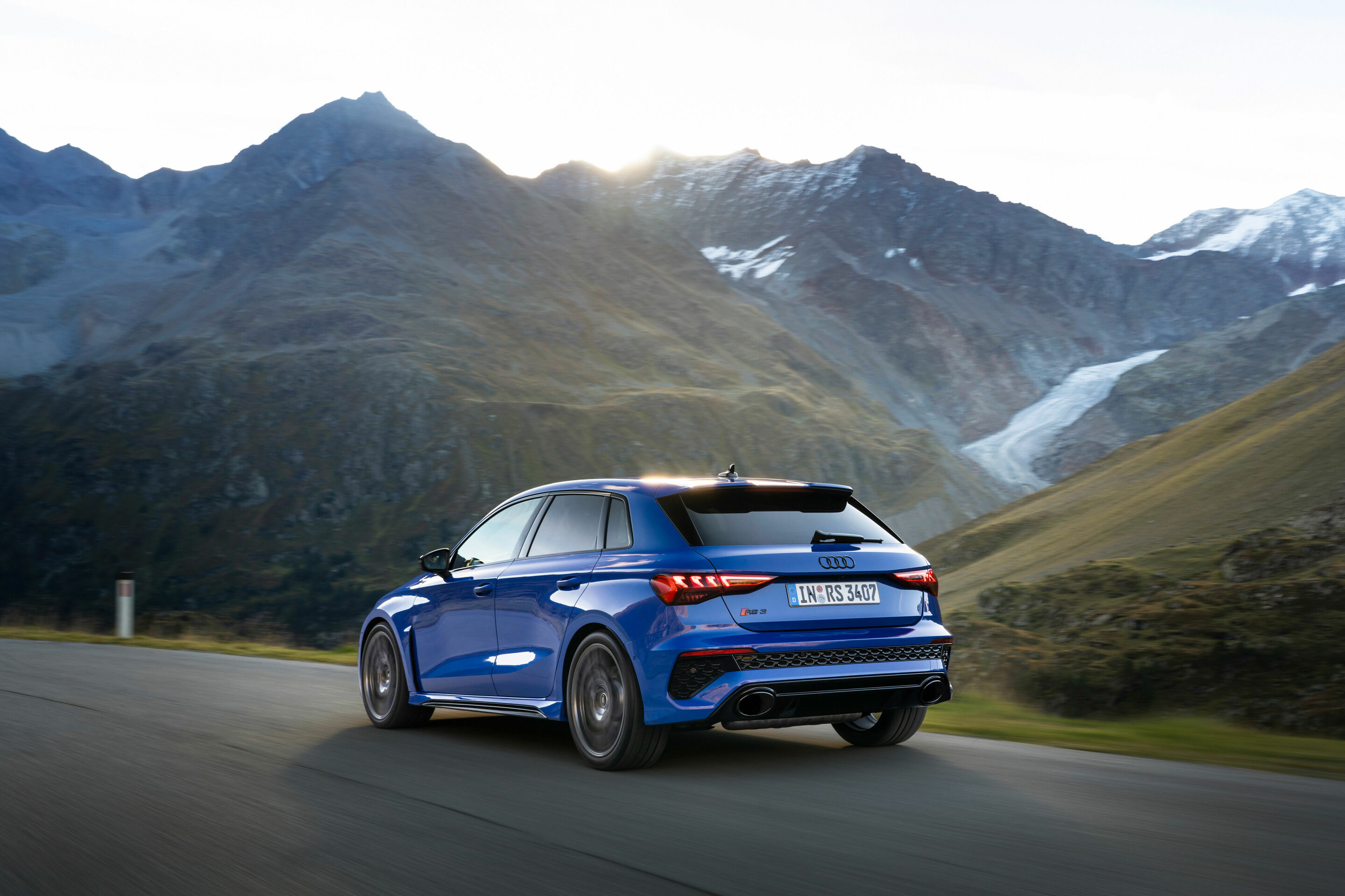 Audi RS 3 Sportback performance edition - Dynamic photo, Colour: Nogaro Blue, Pearl Effect .