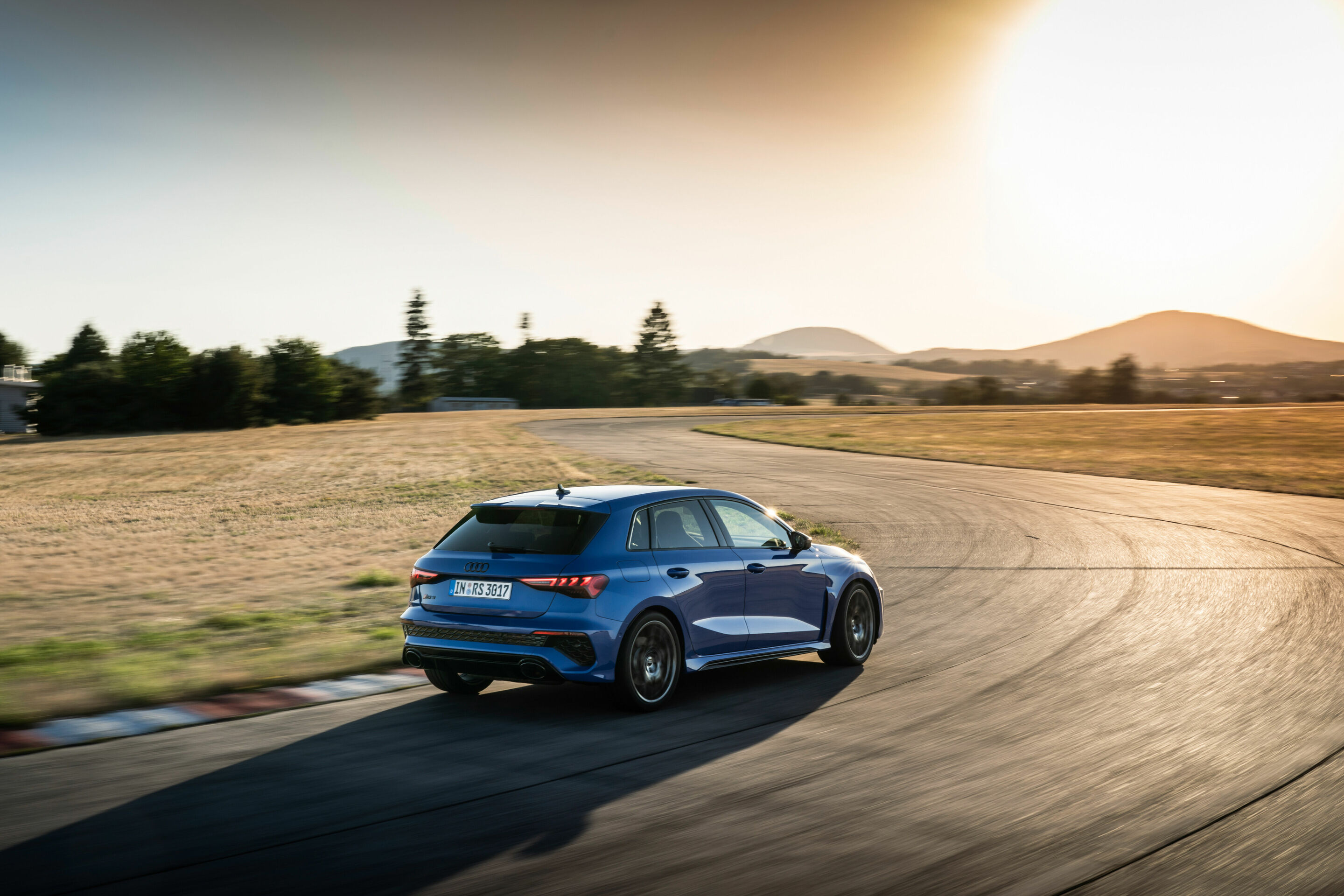 Audi RS 3 Sportback performance edition - Dynamic photo, Colour: Nogaro Blue, Pearl Effect .