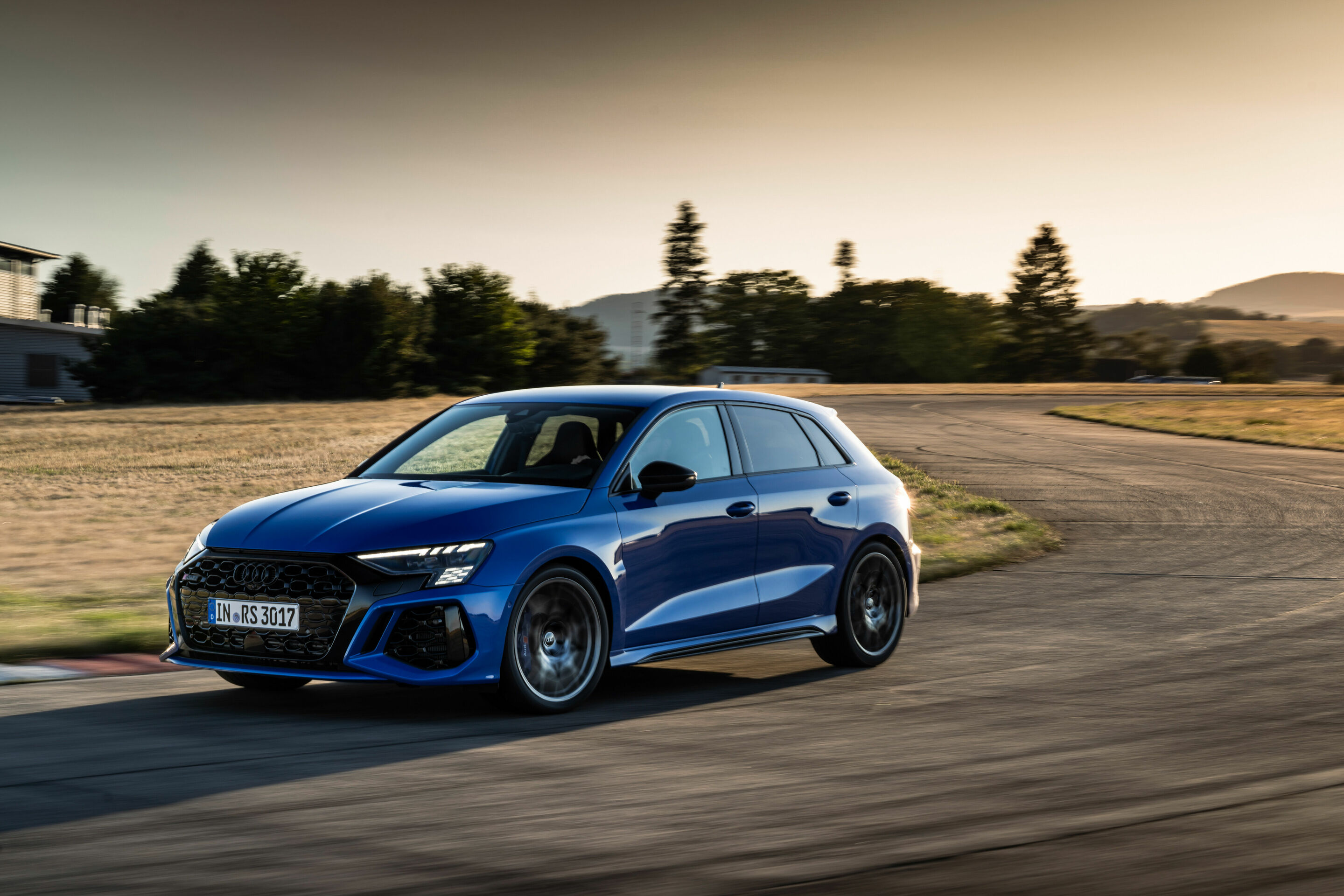 Audi RS 3 Sportback performance edition - Dynamic photo, Colour: Nogaro Blue, Pearl Effect .