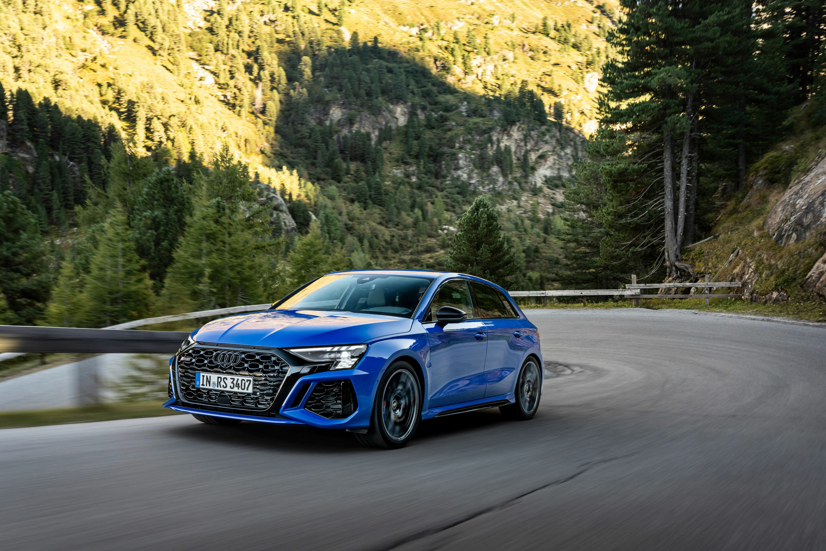 Audi RS 3 Sportback performance edition - Dynamic photo, Colour: Nogaro Blue, Pearl Effect .