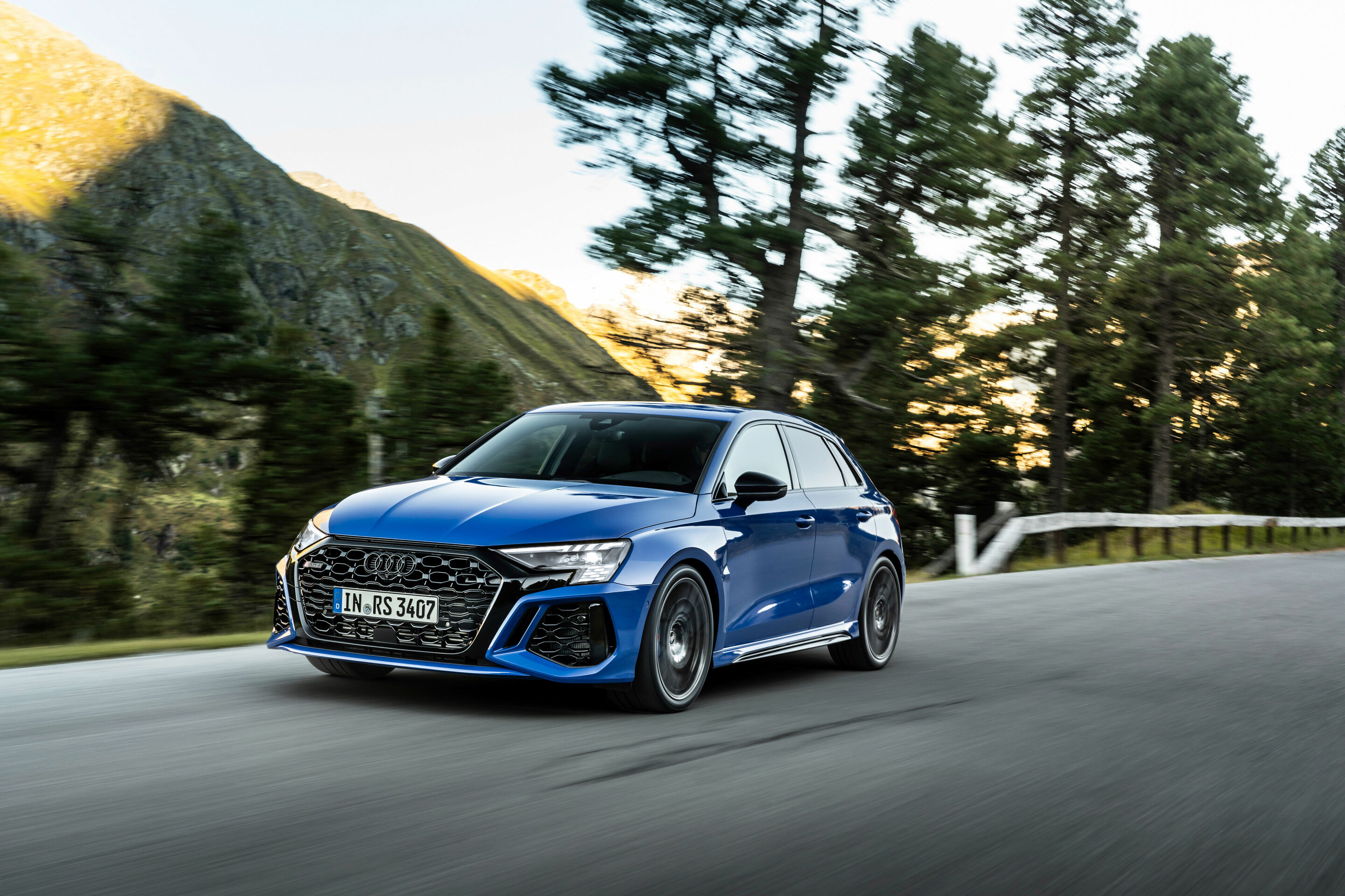 Audi RS 3 Sportback performance edition - Dynamic photo, Colour: Nogaro Blue, Pearl Effect .
