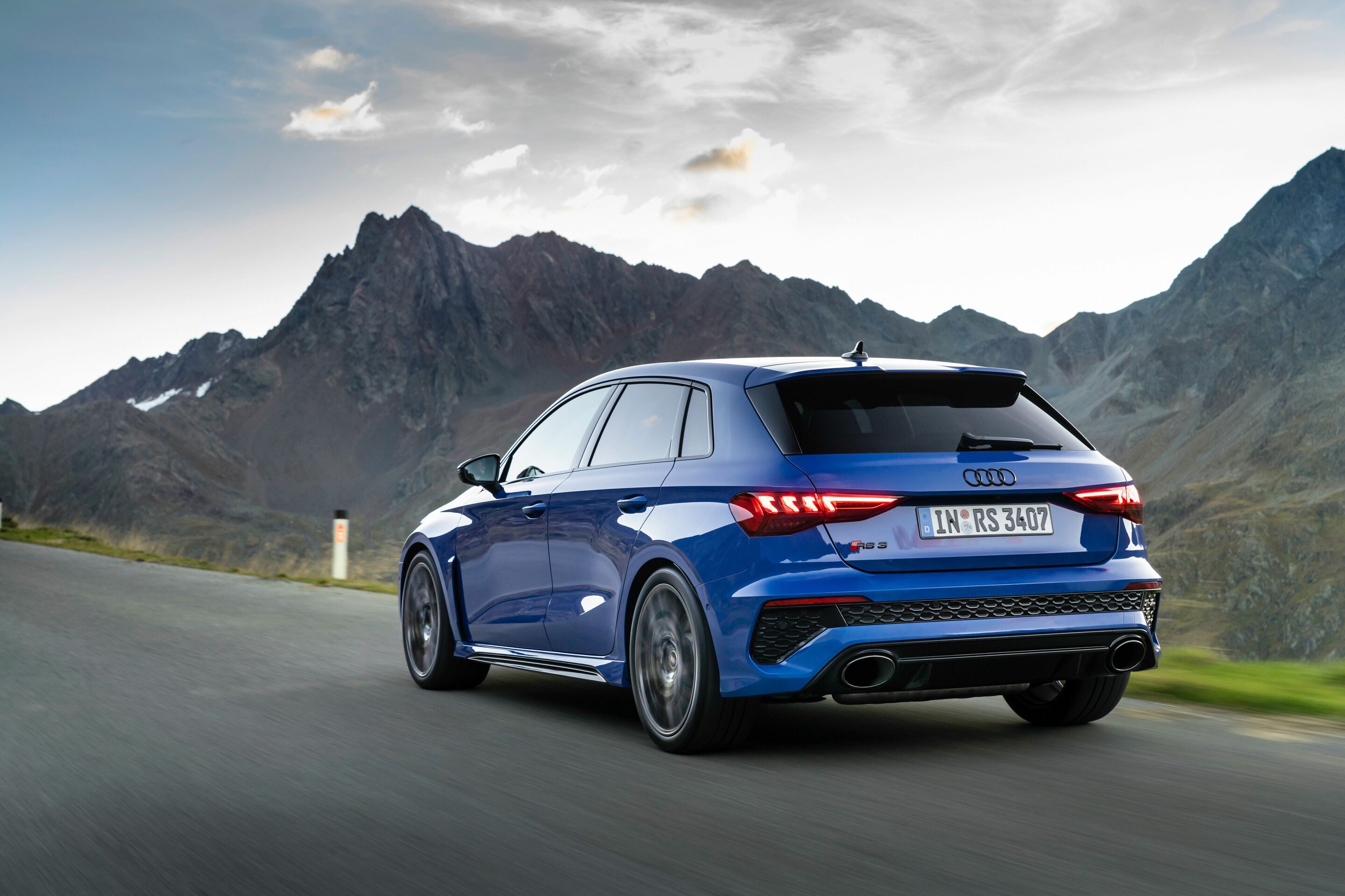 Audi RS 3 Sportback performance edition - Dynamic photo, Colour: Nogaro Blue, Pearl Effect .