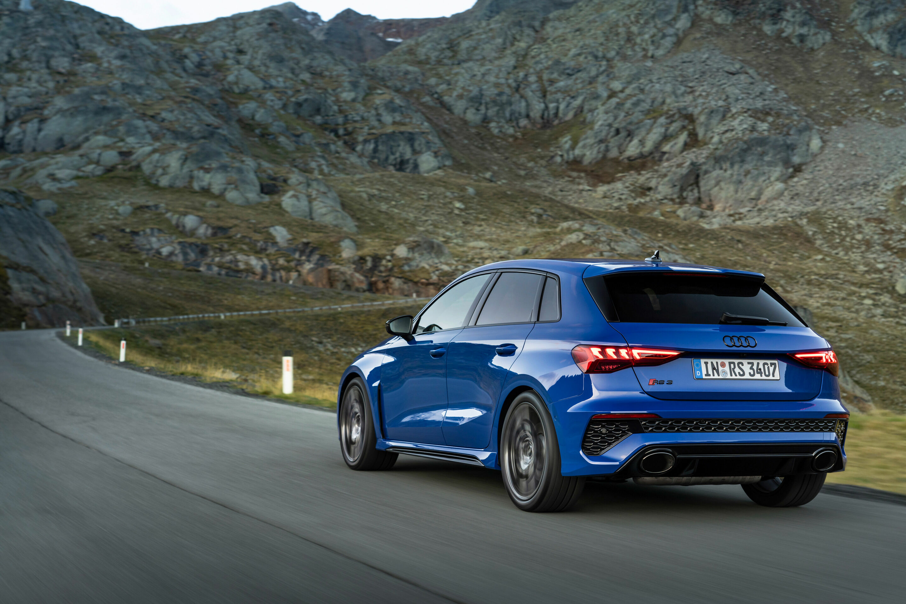 Audi RS 3 Sportback performance edition - Dynamic photo, Colour: Nogaro Blue, Pearl Effect .