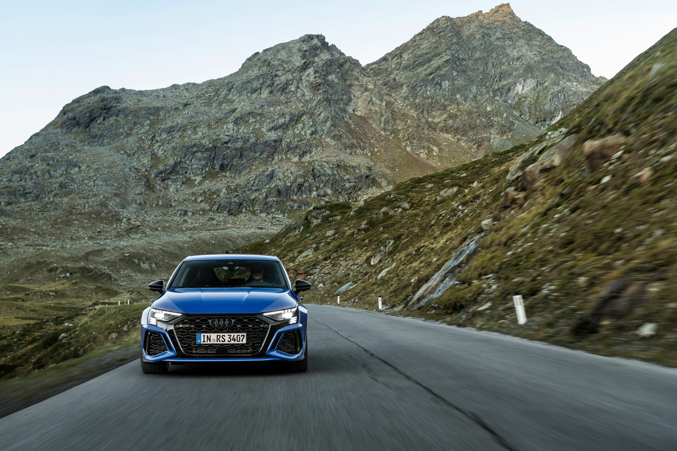 Audi RS 3 Sportback performance edition - Dynamic photo, Colour: Nogaro Blue, Pearl Effect .