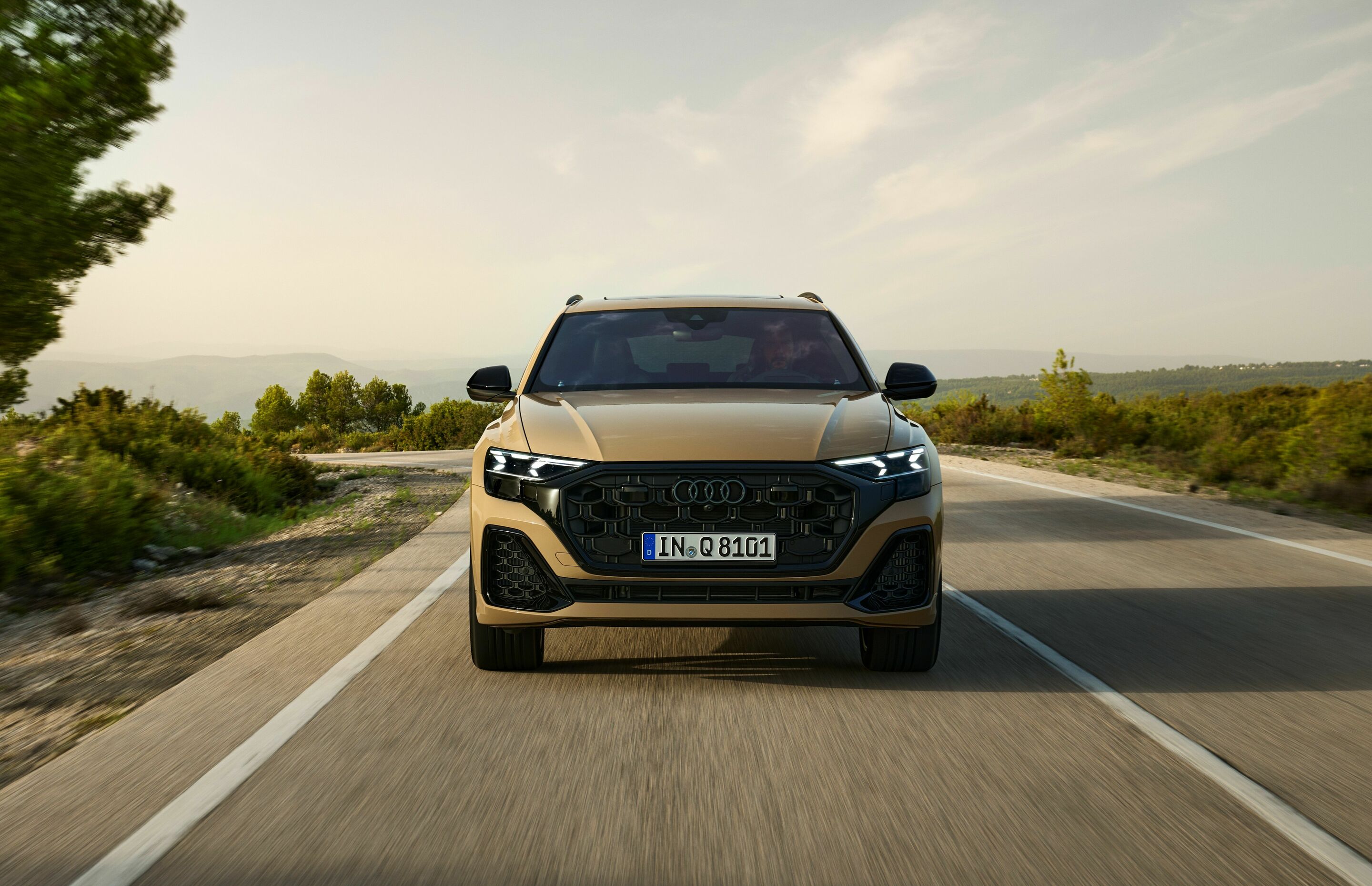 Audi Q8 - Fahraufnahme, 
Farbe: Sakhirgold Metallic