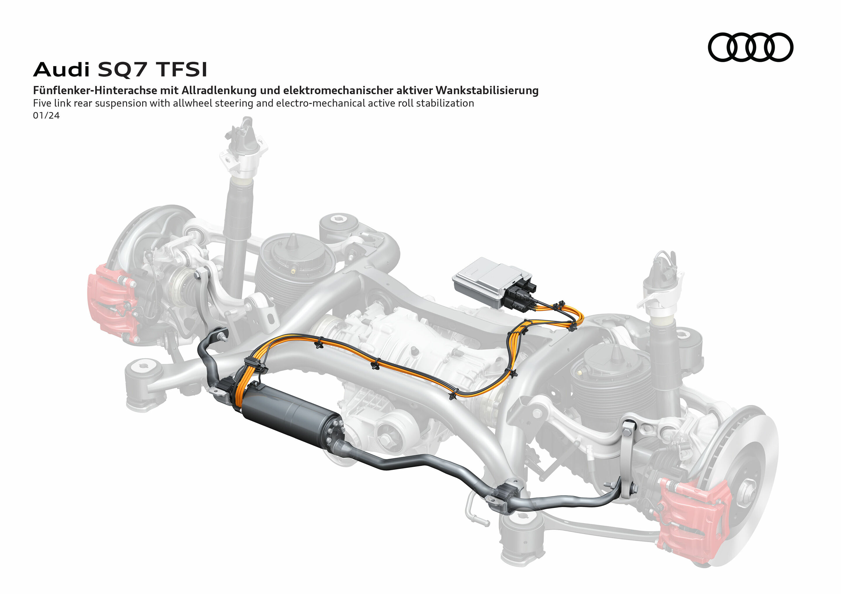 Illustration - Audi SQ7 - Die aktive Wankstabilisierung (eAWS) wirkt elektromechanisch auf die Stabilisatoren, sorgt so bei Geradeausfahrt für hohen Abrollkomfort und verringert in schnell gefahrenen Kurven die Seitenneigung.