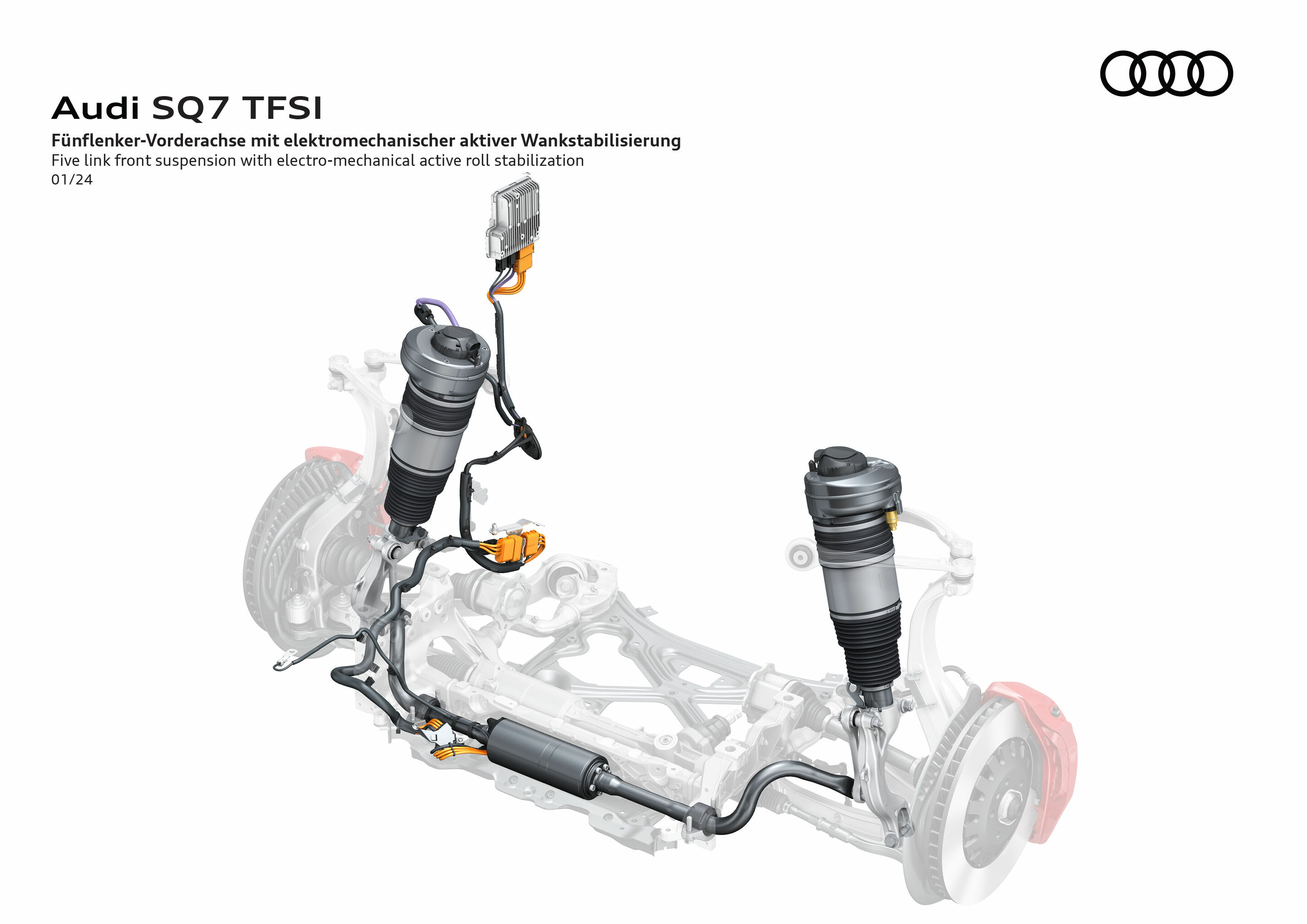 Illustration - Audi SQ7 - Active roll stabilization (eAWS) acts electromechanically on the anti-roll bars, ensuring a high level of ride comfort when driving straight ahead and reducing lateral tilt when cornering at speed.