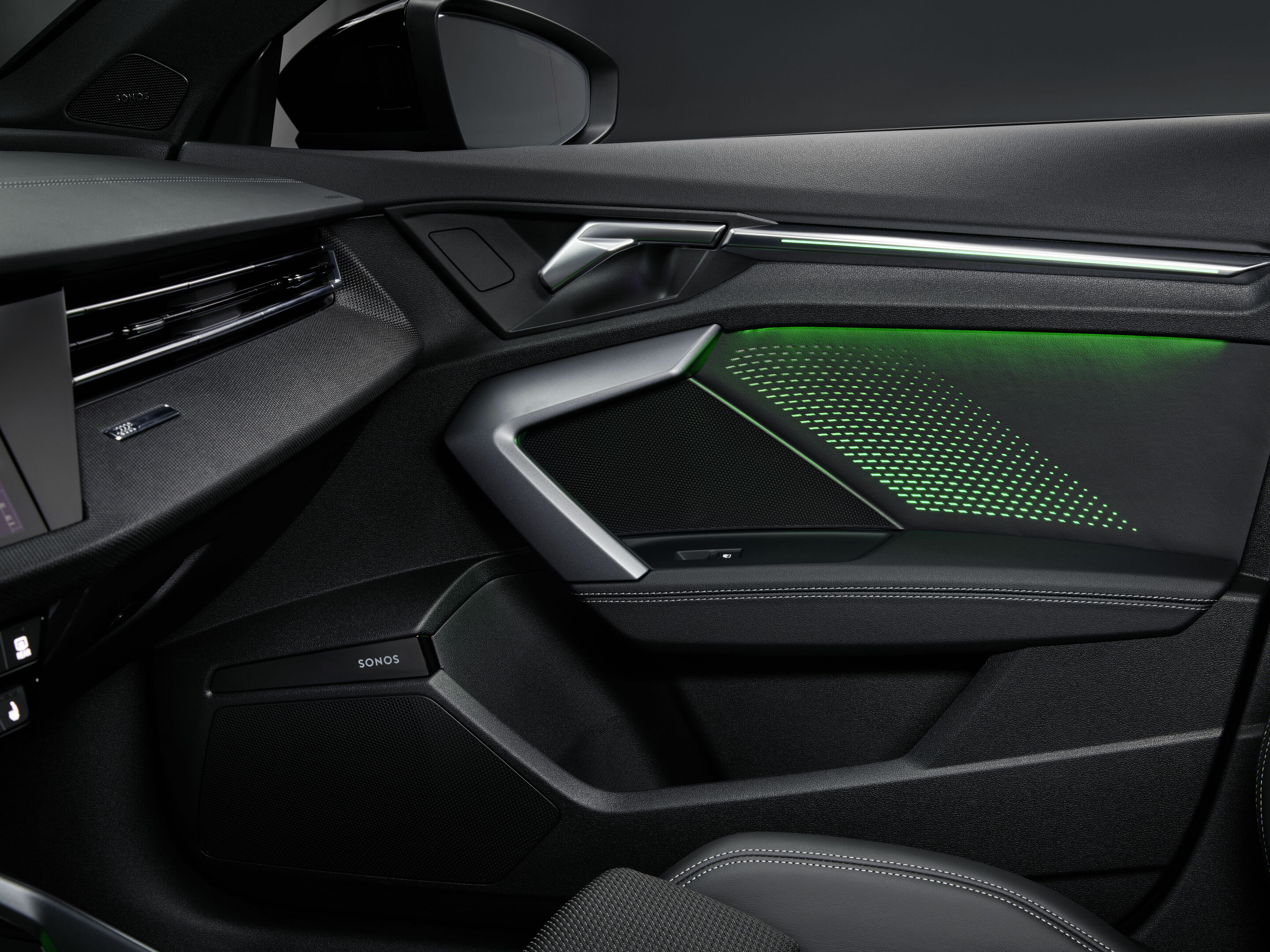 Audi A3 Sportback - Innenaufnahme,
Farbe: Distriktgrün Metallic