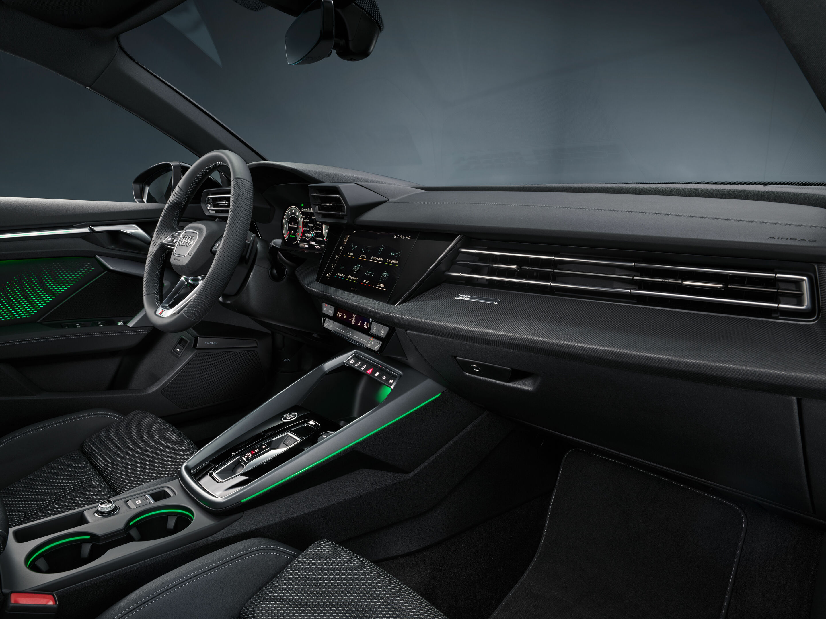 Audi A3 Sportback - Innenaufnahme,
Farbe: Distriktgrün Metallic