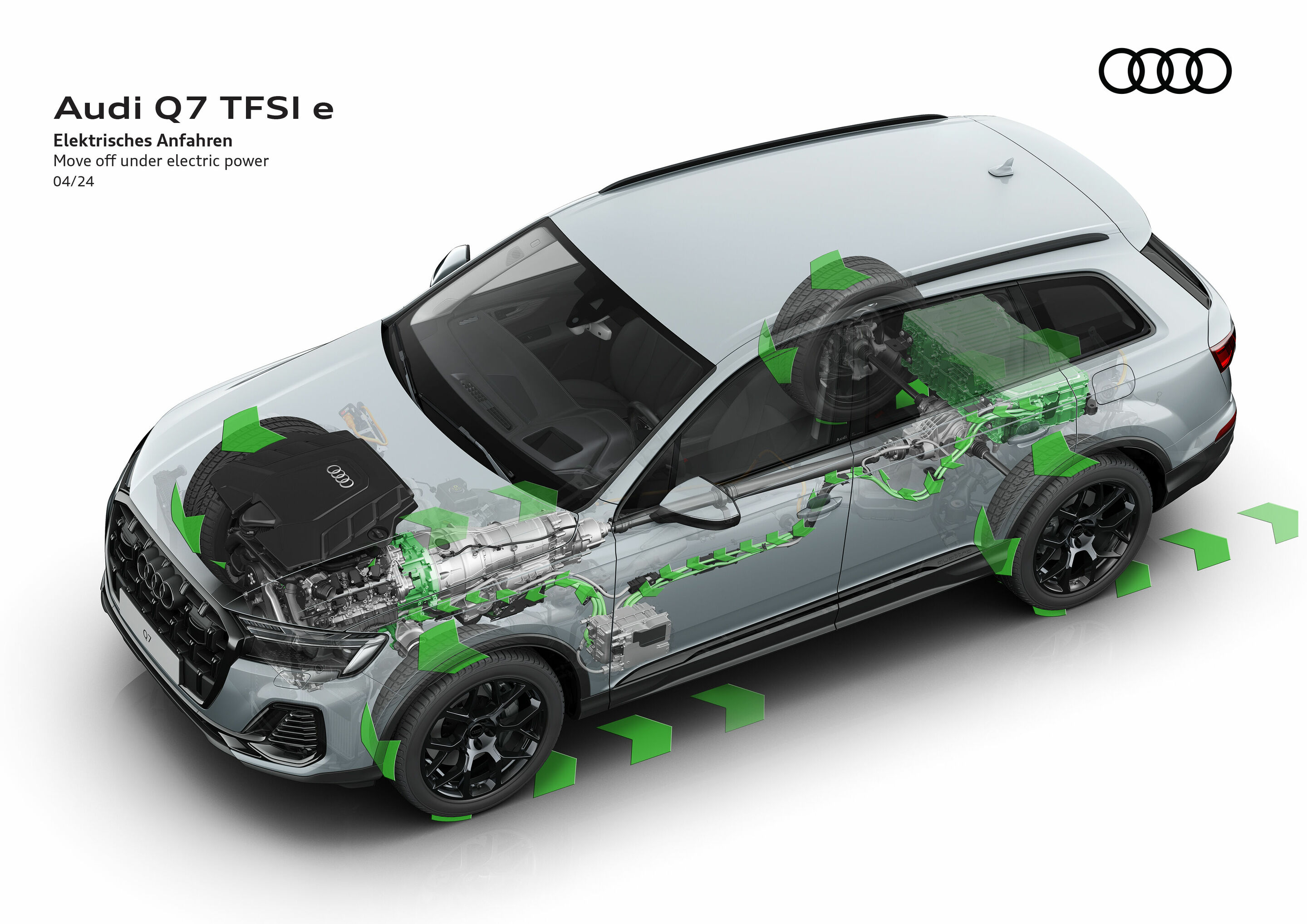 Illustration - Audi Q7 TFSI e quattro - The Q7 TFSI e quattro can be started in purely electric "EV" mode or alternatively in "Hybrid" mode. Detailed revisions for "EV" mode ensure that only battery-powered propulsion is used even when the accelerator...