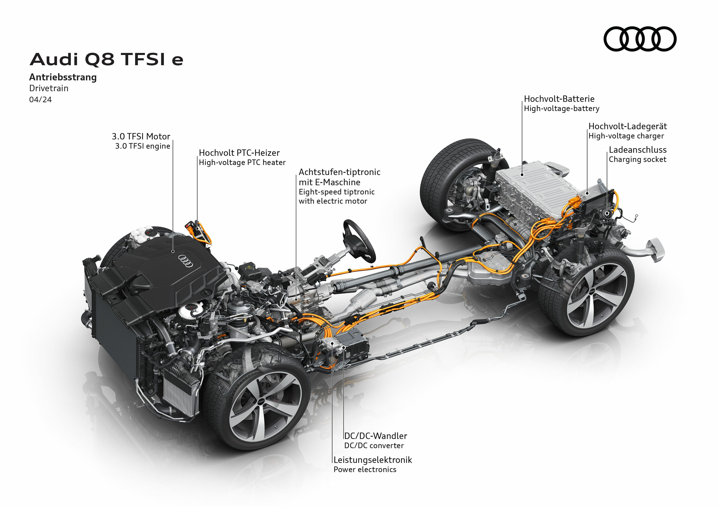 Illustration - Audi Q8 TFSI e quattro - At the heart of the Q8 TFSI e quattro is a three-liter six-cylinder petrol engine with 250 kW (340 PS), a compact electric motor (PSM) with 130 kW maximum power, 460 Nm and the new, more powerful, liquid-cooled...