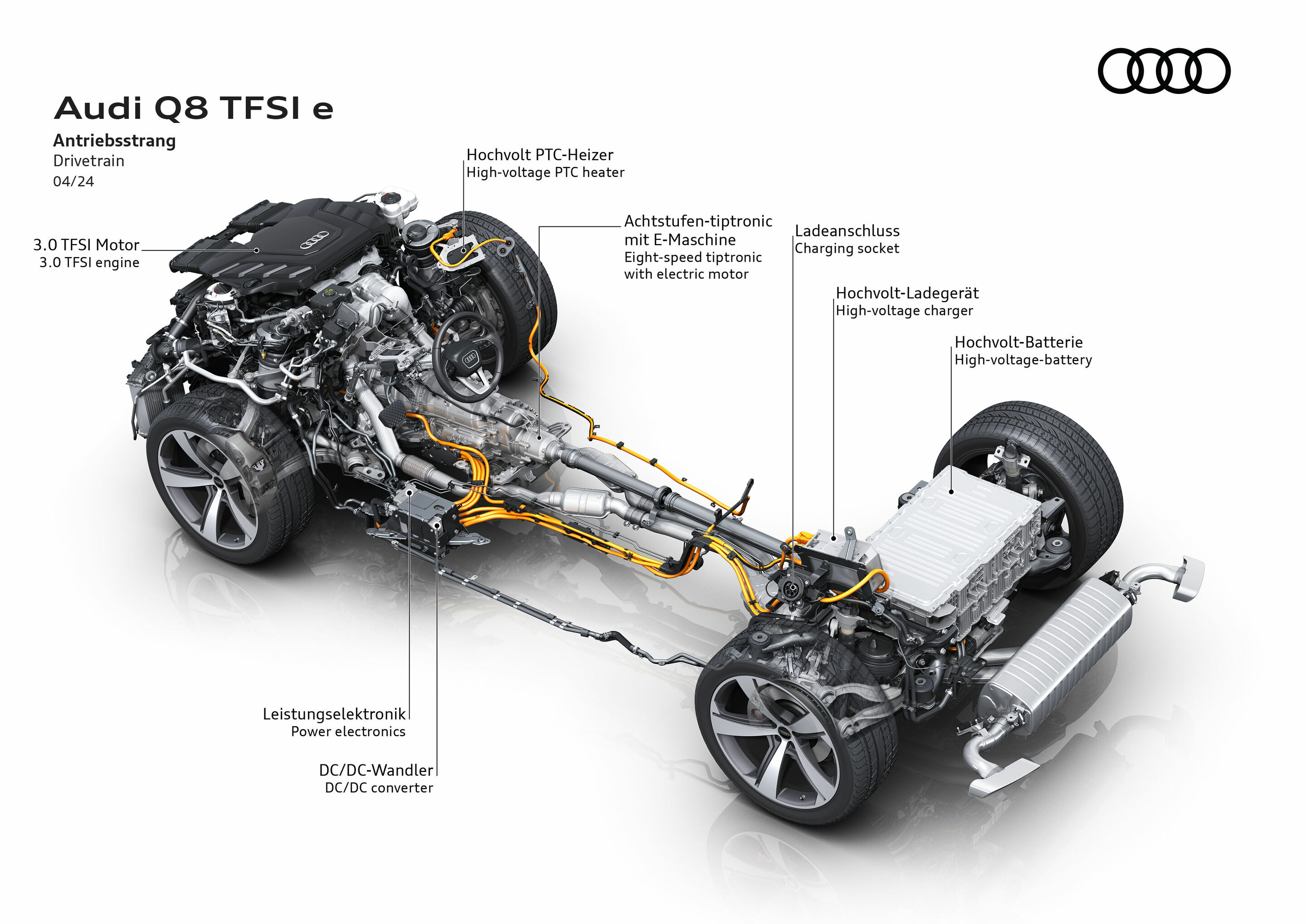 Illustration - Audi Q8 TFSI e quattro - At the heart of the Q8 TFSI e quattro is a three-liter six-cylinder petrol engine with 250 kW (340 PS), a compact electric motor (PSM) with 130 kW maximum power, 460 Nm and the new, more powerful, liquid-cooled...