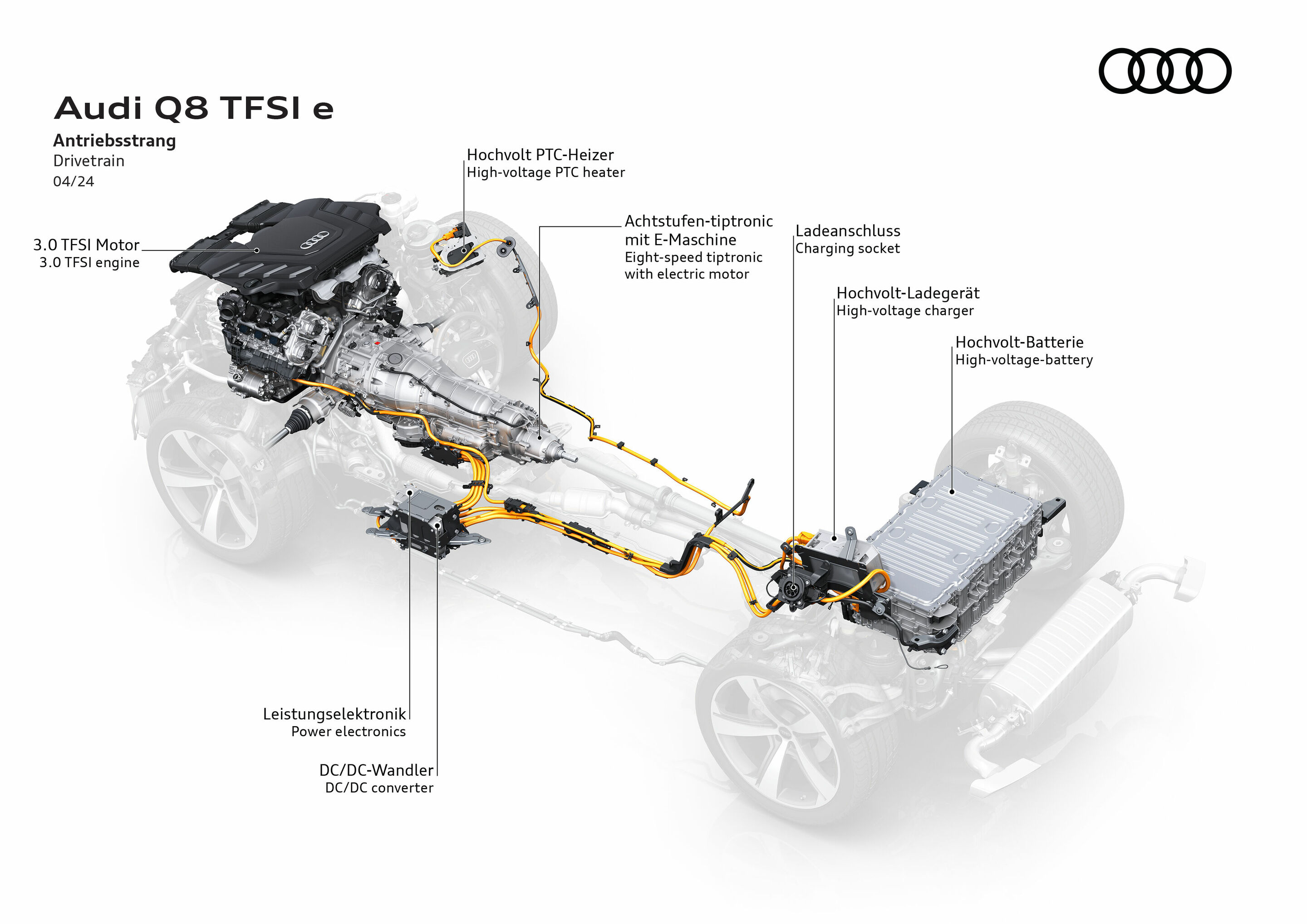 Illustration - Audi Q8 TFSI e quattro - At the heart of the Q8 TFSI e quattro is a three-liter six-cylinder petrol engine with 250 kW (340 PS), a compact electric motor (PSM) with 130 kW maximum power, 460 Nm and the new, more powerful, liquid-cooled...