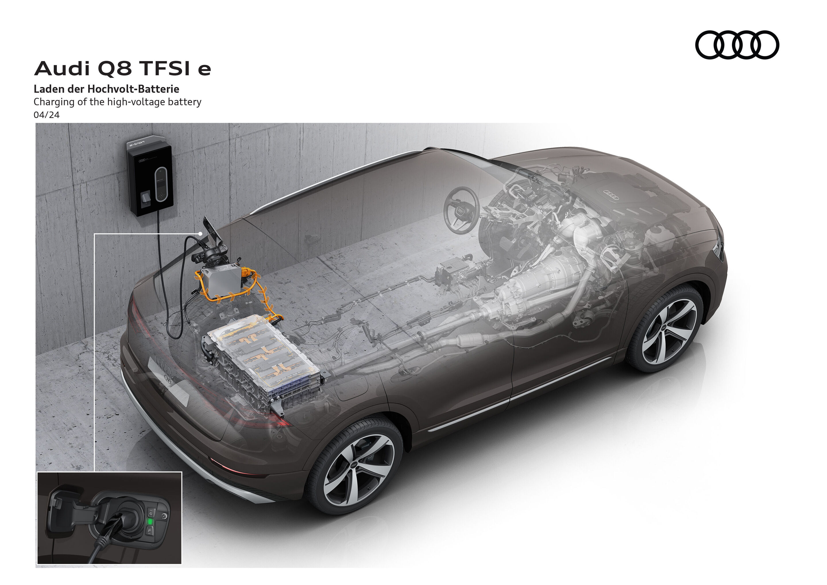 Illustration - Audi Q8 TFSI e quattro - Charging with up to 7.4 kW, the battery reaches 100 percent in around three hours and 45 minutes. Audi's own charging service, Audi charging, provides access to around 630,000 charging points in 29 European countries...