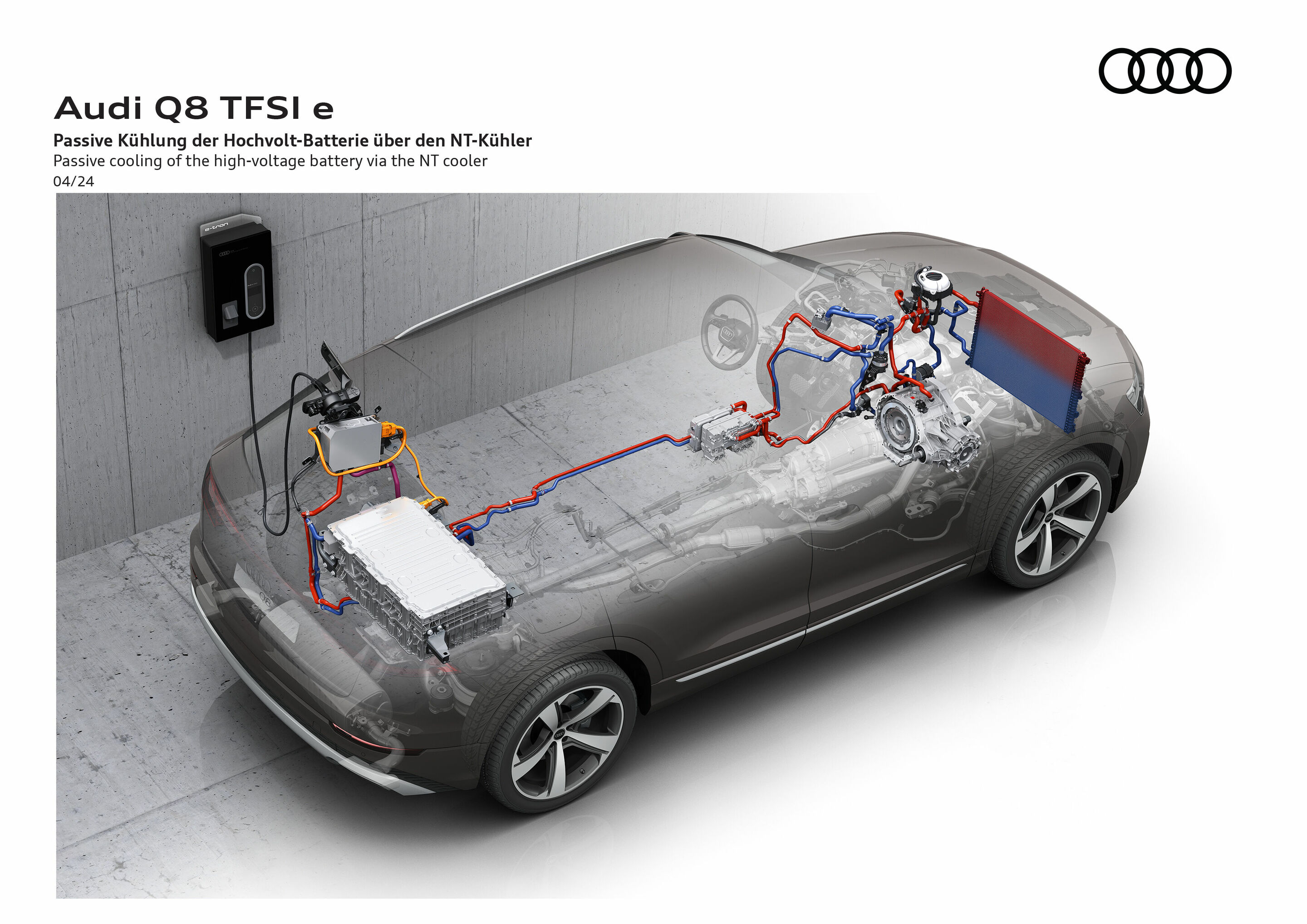 Illustration - Audi Q8 TFSI e quattro - Charging with up to 7.4 kW, the battery reaches 100 percent in around three hours and 45 minutes. Audi's own charging service, Audi charging, provides access to around 630,000 charging points in 29 European countries...