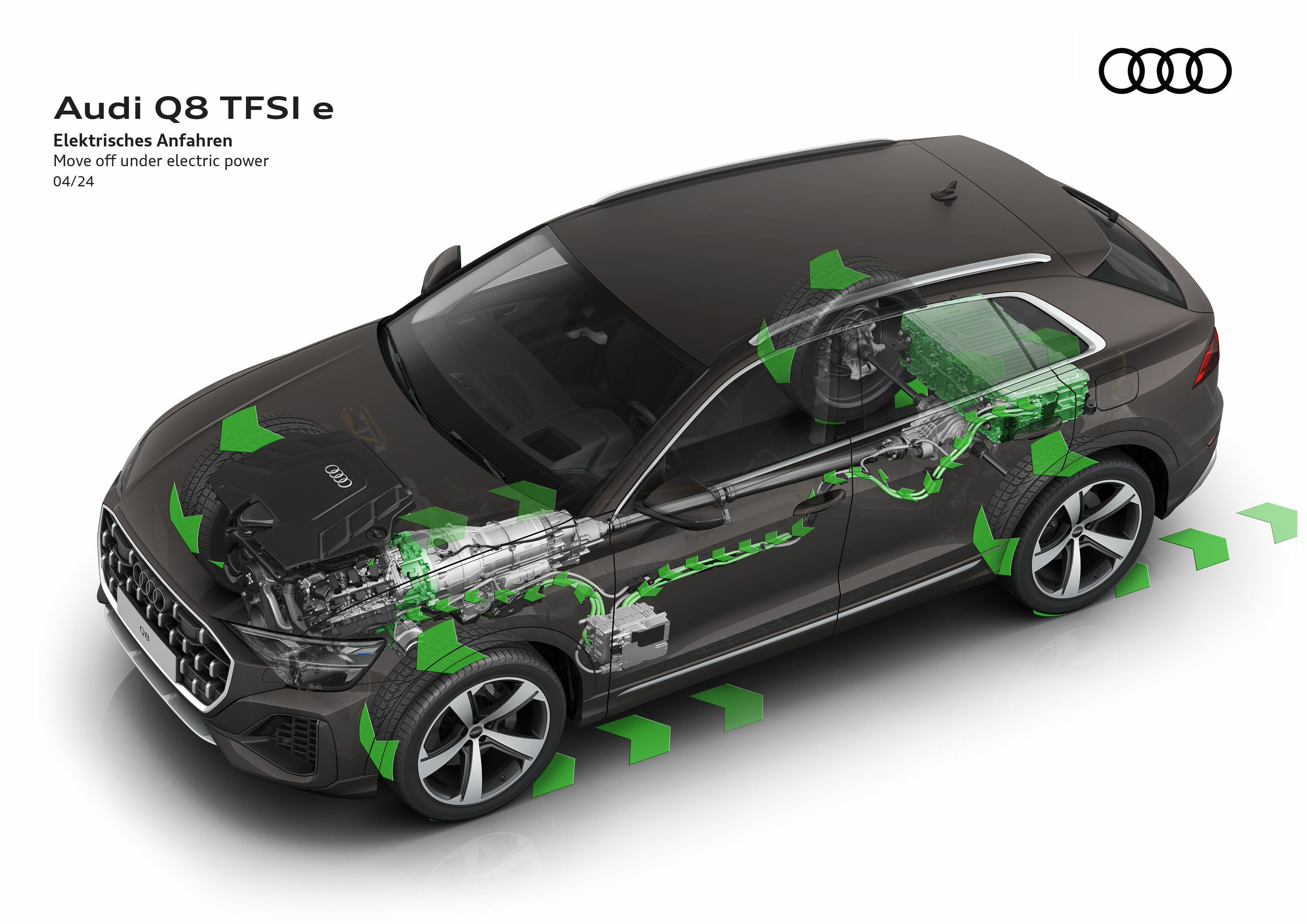 Illustration - Audi Q8 TFSI e quattro - The Q8 TFSI e quattro can be started in purely electric "EV" mode or alternatively in "Hybrid" mode. Detailed revisions for "EV" mode ensure that only battery-powered propulsion is used even when the accelerator...