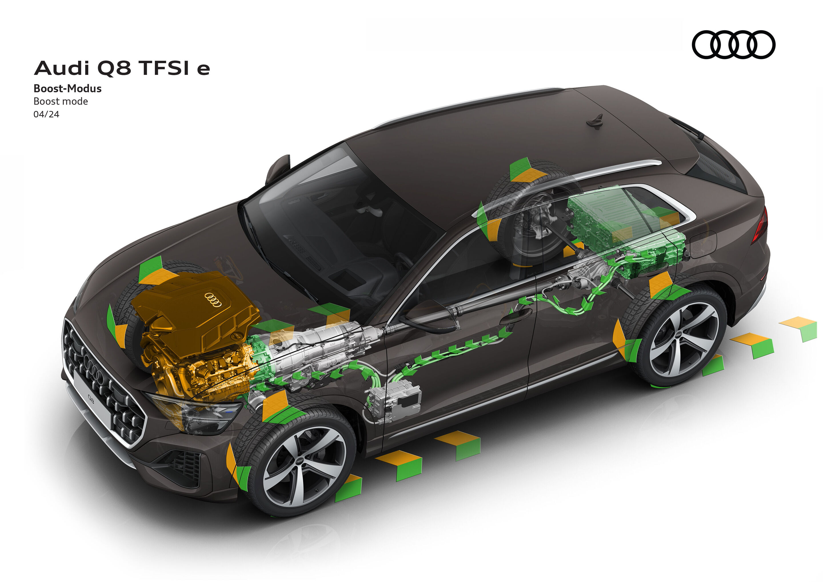 Illustration - Audi Q8 TFSI e quattro - Im Modus „Boost“ arbeiten der Dreiliter-Sechszylinder-Ottomotor mit 250 kW (340 PS) und der kompakte E-Motor (PSM) mit 130 kW maximaler Leistung zusammen und beschleunigen den Q8 TFSI e quattro so aus dem Stand...