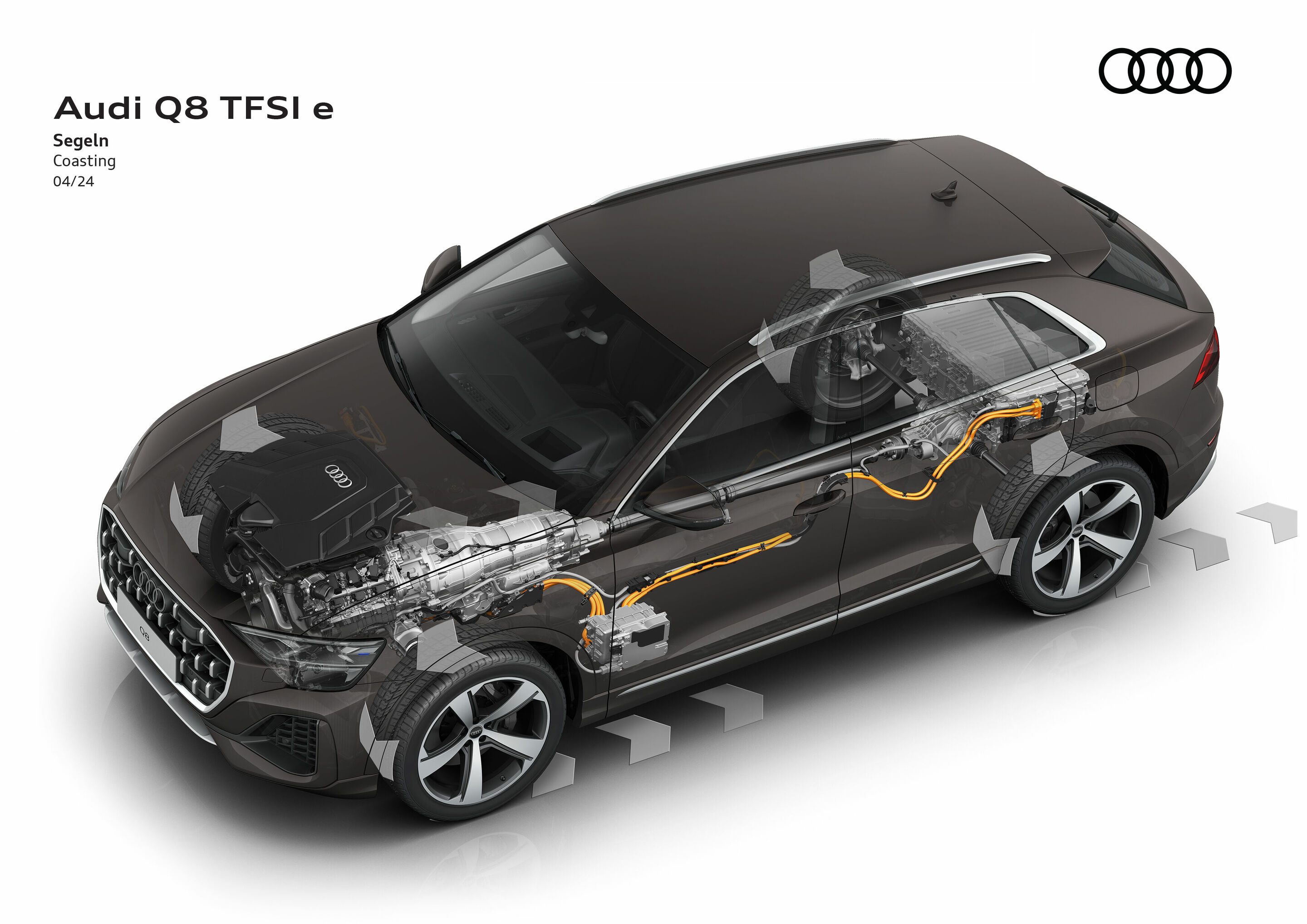 Illustration - Audi Q8 TFSI e quattro - In "coasting" mode, the three-litre, six-cylinder petrol engine is switched off and the car runs "free", with the predictive efficiency assistant (PEA) making the decision to maximize efficiency. Alternatively,...