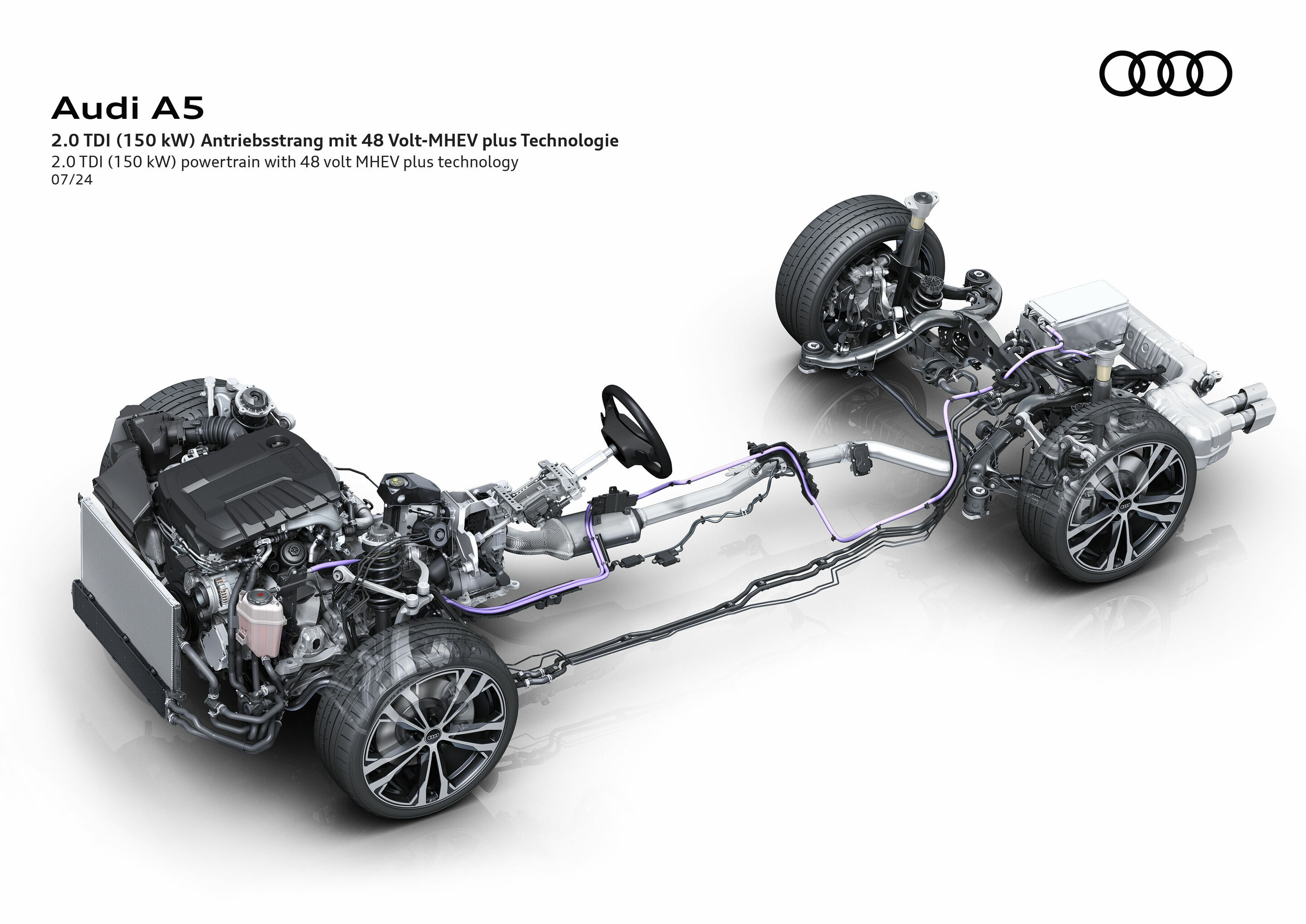 Illustration - Audi A5 - 2.0 TDI (150 kW) powertrain wirh 48 volt MHEV plus technology. The vehicle is based on the Premium Platform Combustion (PPC)
