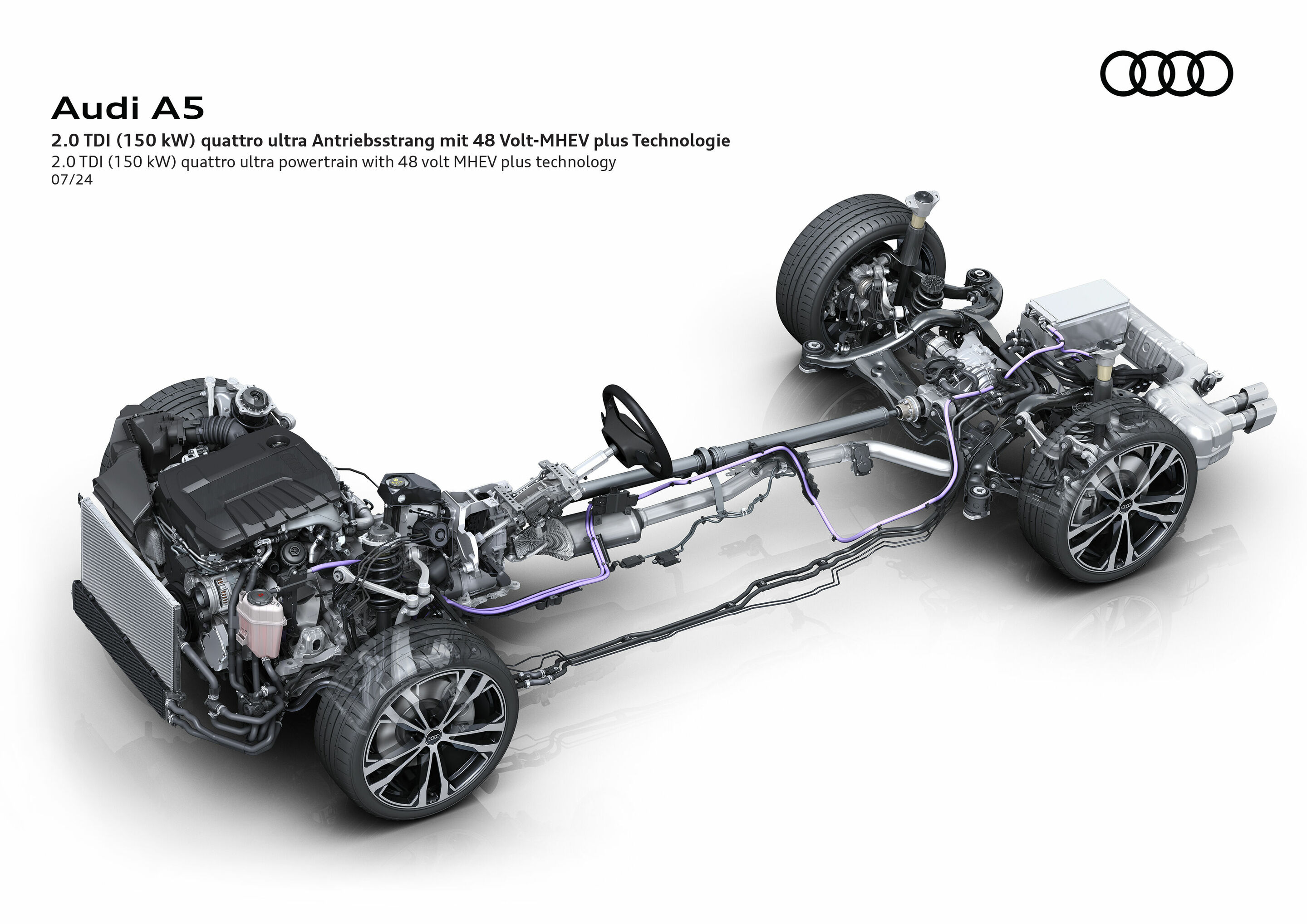 Illustration - Audi A5 - 2.0 TDI (150 kW) quattro ultra powertrain wirh 48 volt MHEV plus technology. The vehicle is based on the Premium Platform Combustion (PPC)