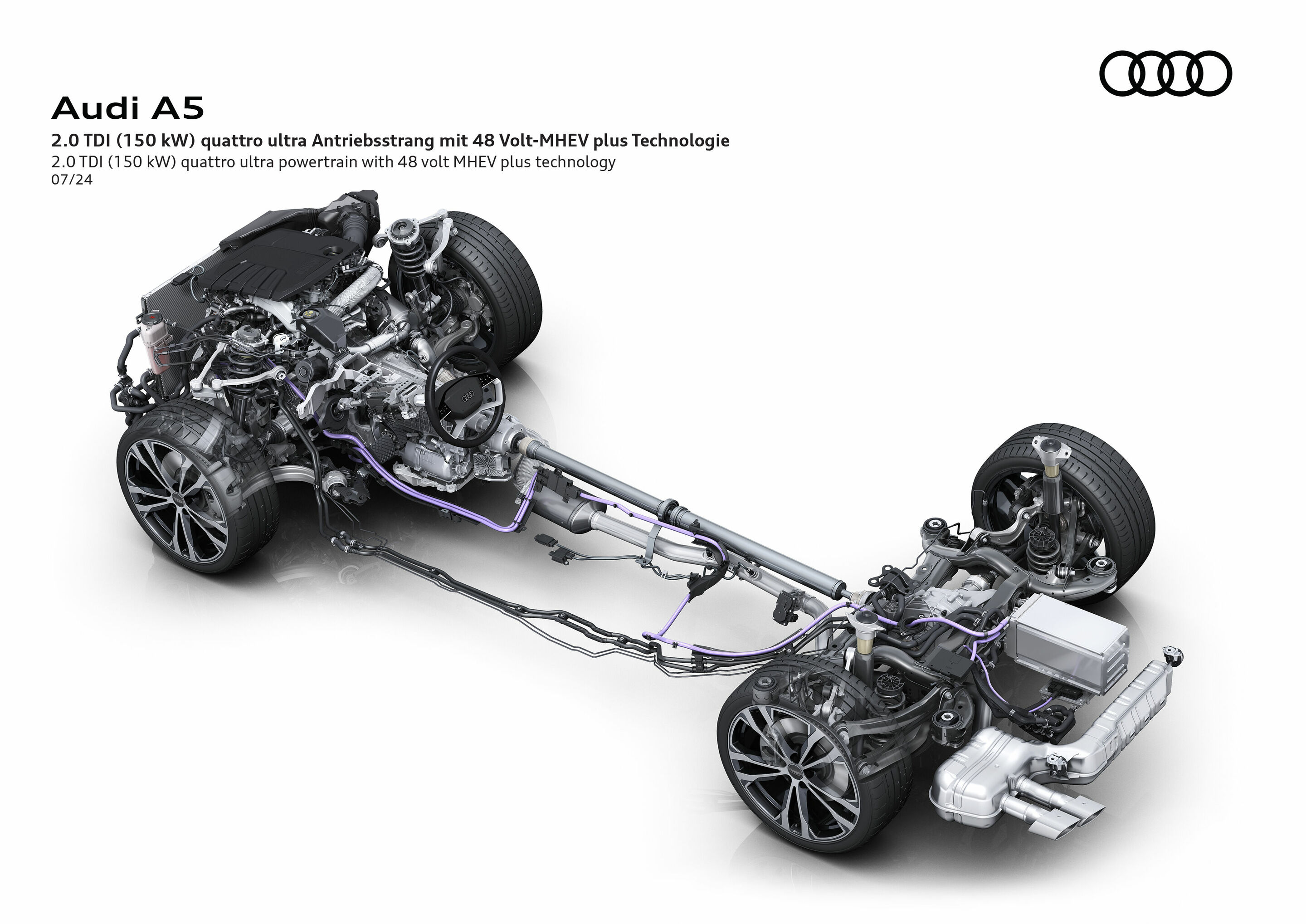 Illustration - Audi A5 - 2.0 TDI (150 kW) quattro ultra powertrain wirh 48 volt MHEV plus technology. The vehicle is based on the Premium Platform Combustion (PPC)
