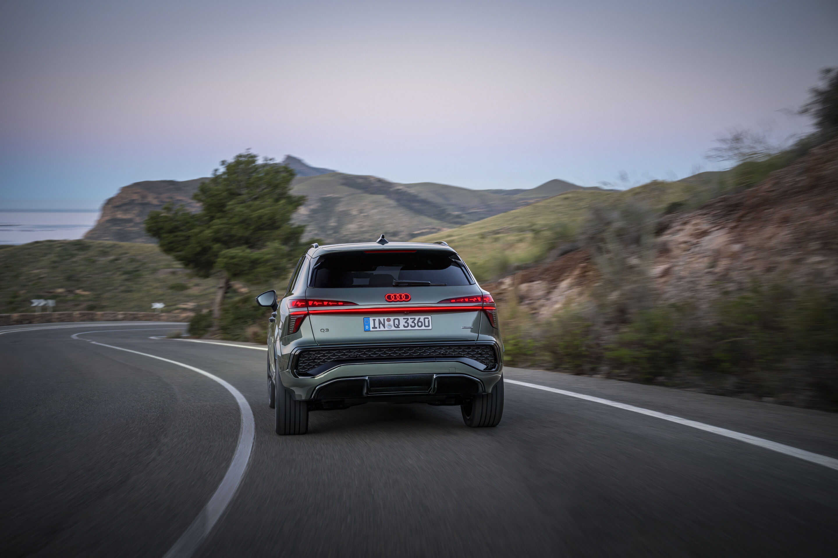 Audi Q3 SUV - Dynamic photo (Logo illumination is only active while headlights are on low beam or high beam),
Colour: Sage green