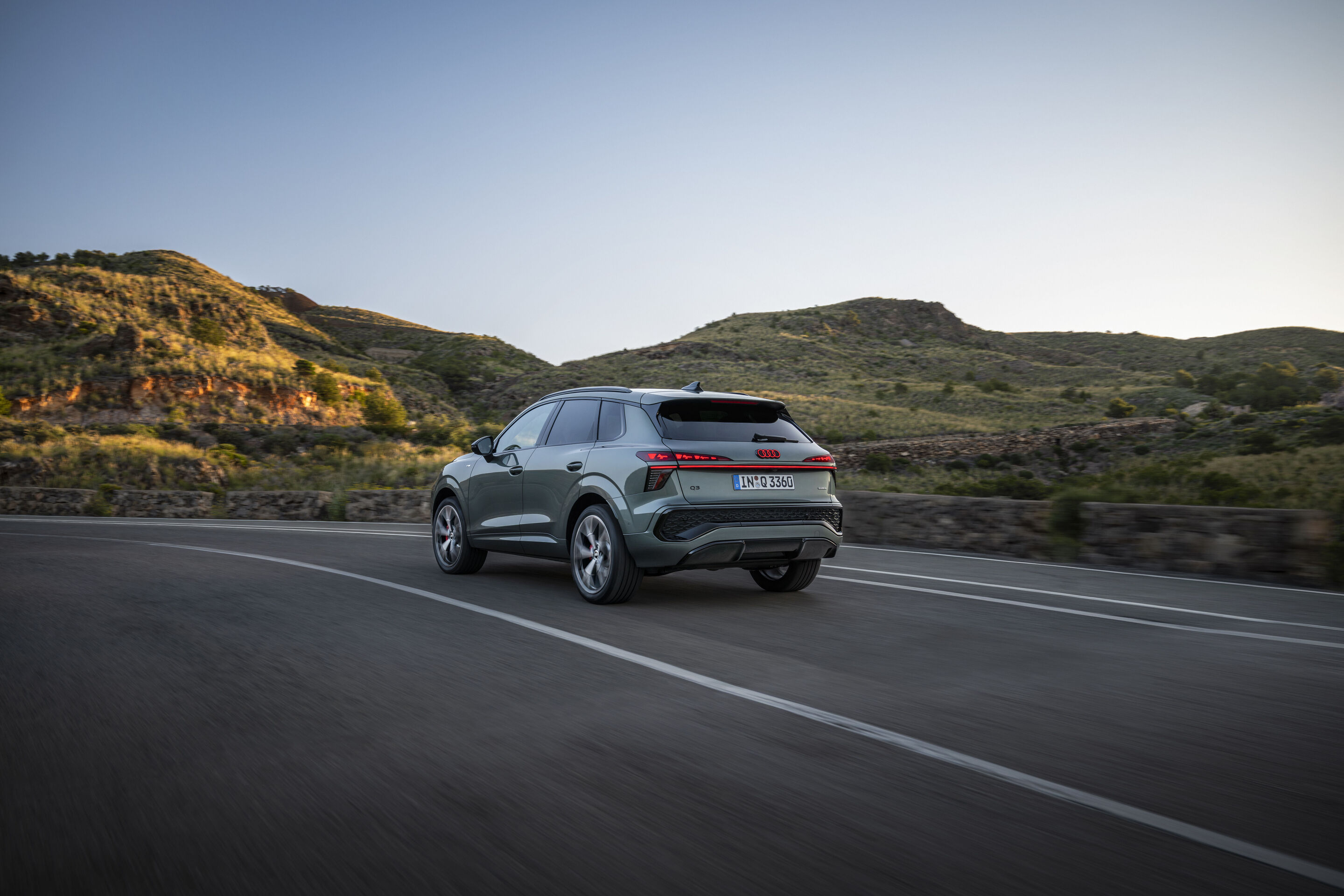 Audi Q3 SUV - Dynamic photo (Logo illumination is only active while headlights are on low beam or high beam),
Colour: Sage green
