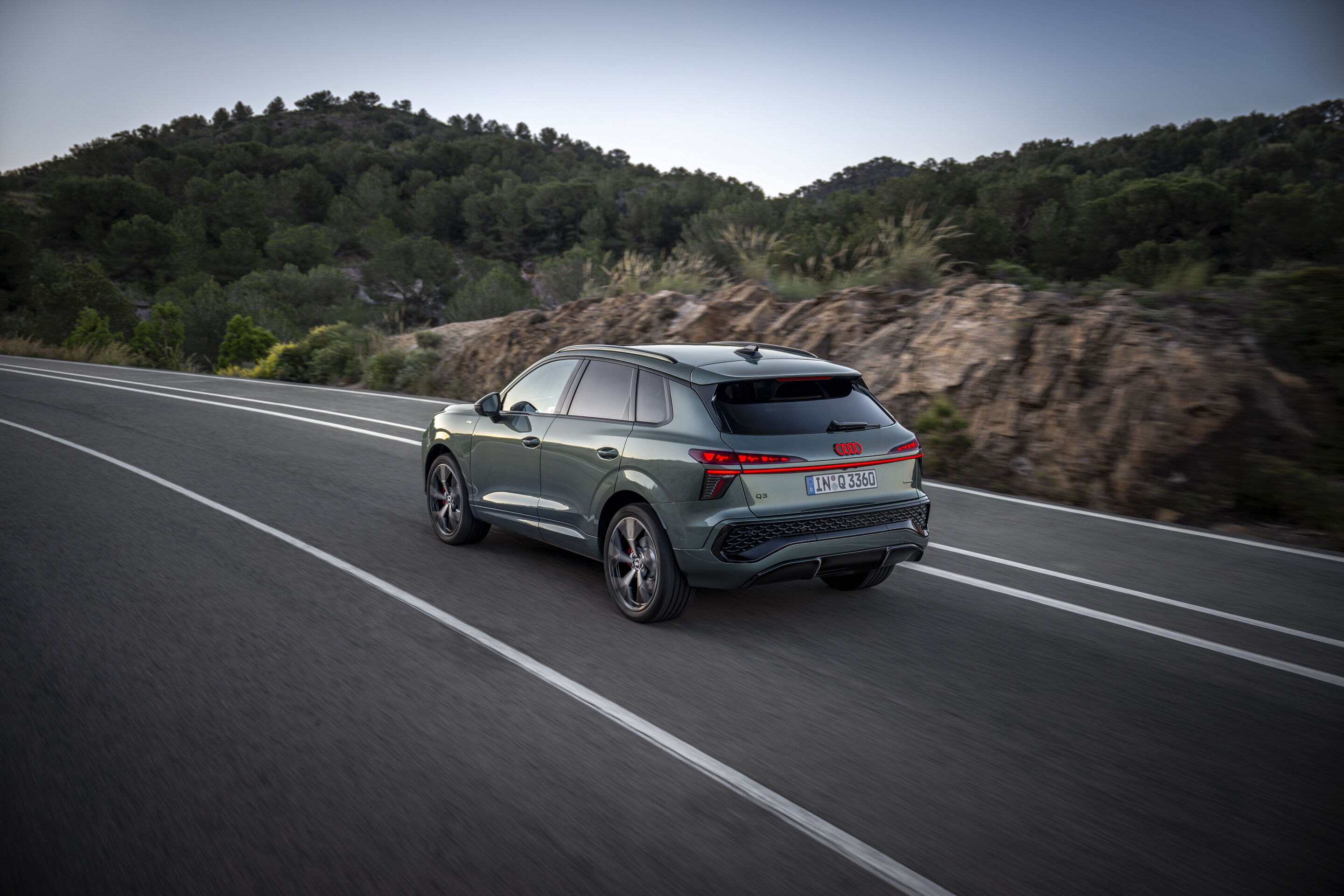 Audi Q3 SUV - Dynamic photo (Logo illumination is only active while headlights are on low beam or high beam),
Colour: Sage green