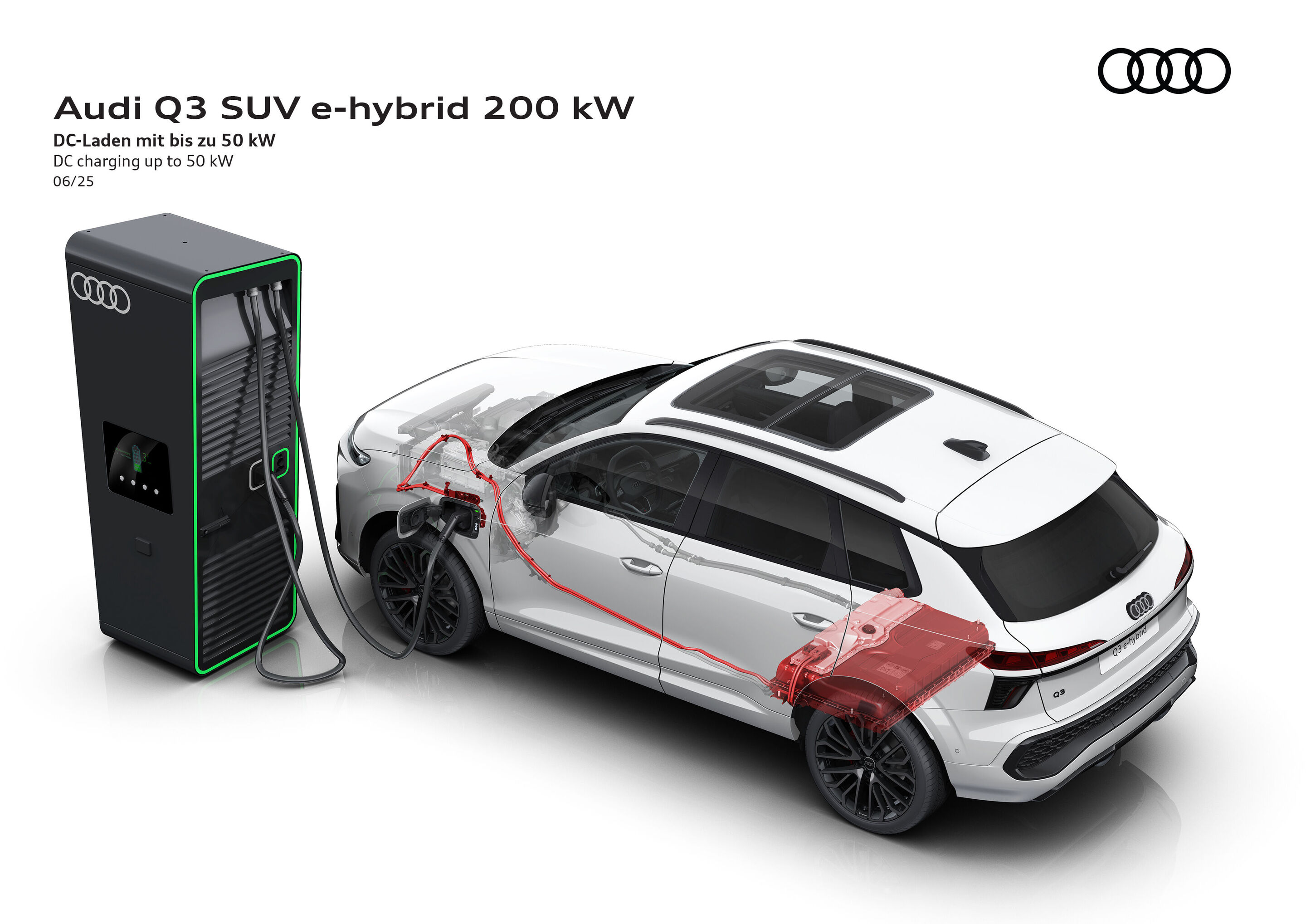 Illustration - Audi Q3 SUV e-hybrid 200 kW - DC-Laden mit bis zu 50 kW - Die Abbildung zeigt den Audi Q3 SUV e-hybrid während des Ladens mit einem HPC-DC-Ladegerät. Der Audi Q3 SUV e-hybrid ist zu Ladegeschwindigkeiten von bis zu 50 kW fähig.