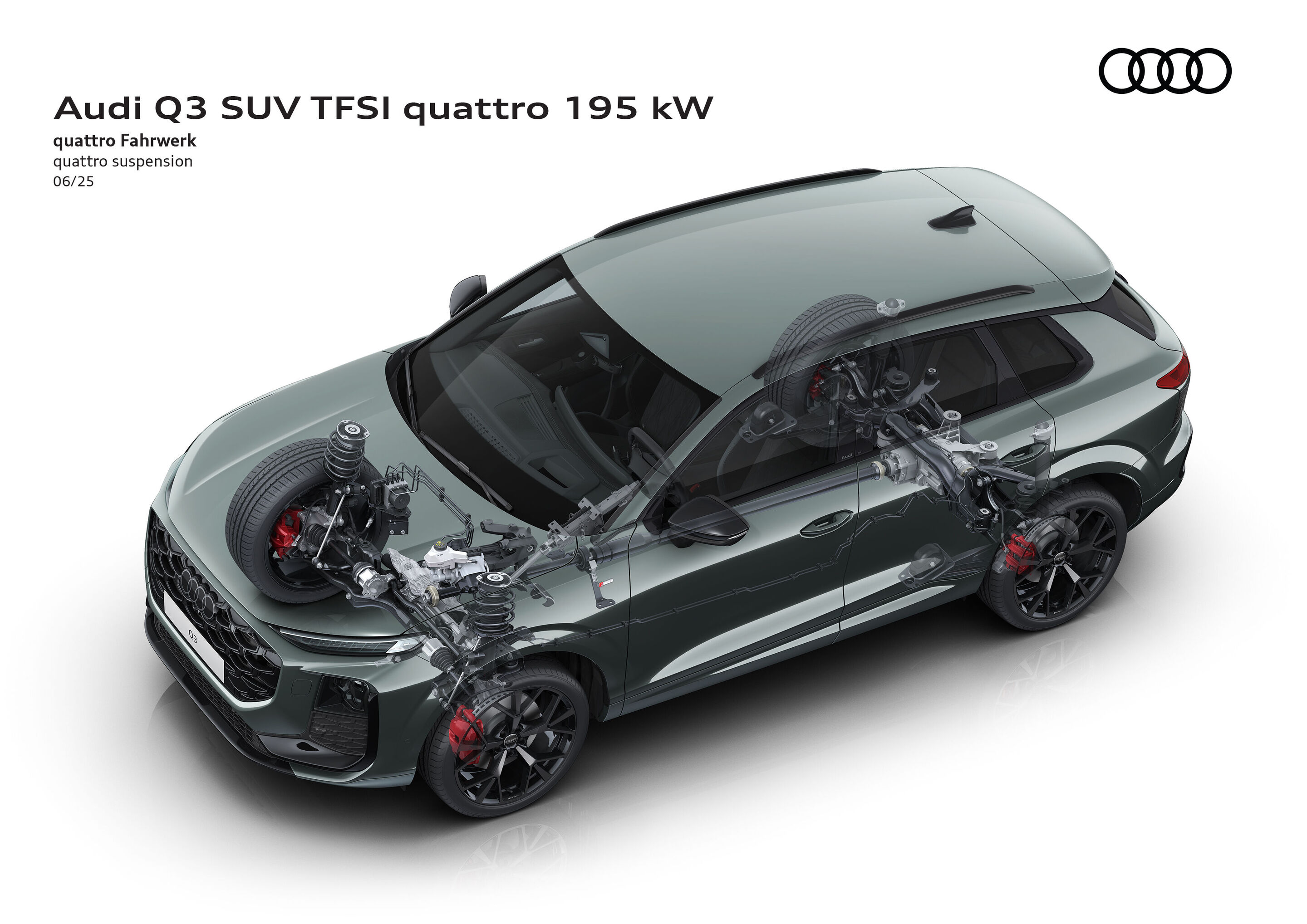 Illustration - Audi Q3 - quattro Fahrwerk - Die Illustration zeigt die Fahrwerkskomponenten des Audi Q3 SUV TFSI quattro 195kW, inklusive der optionalen Zweiventil-Dämpferregelung.