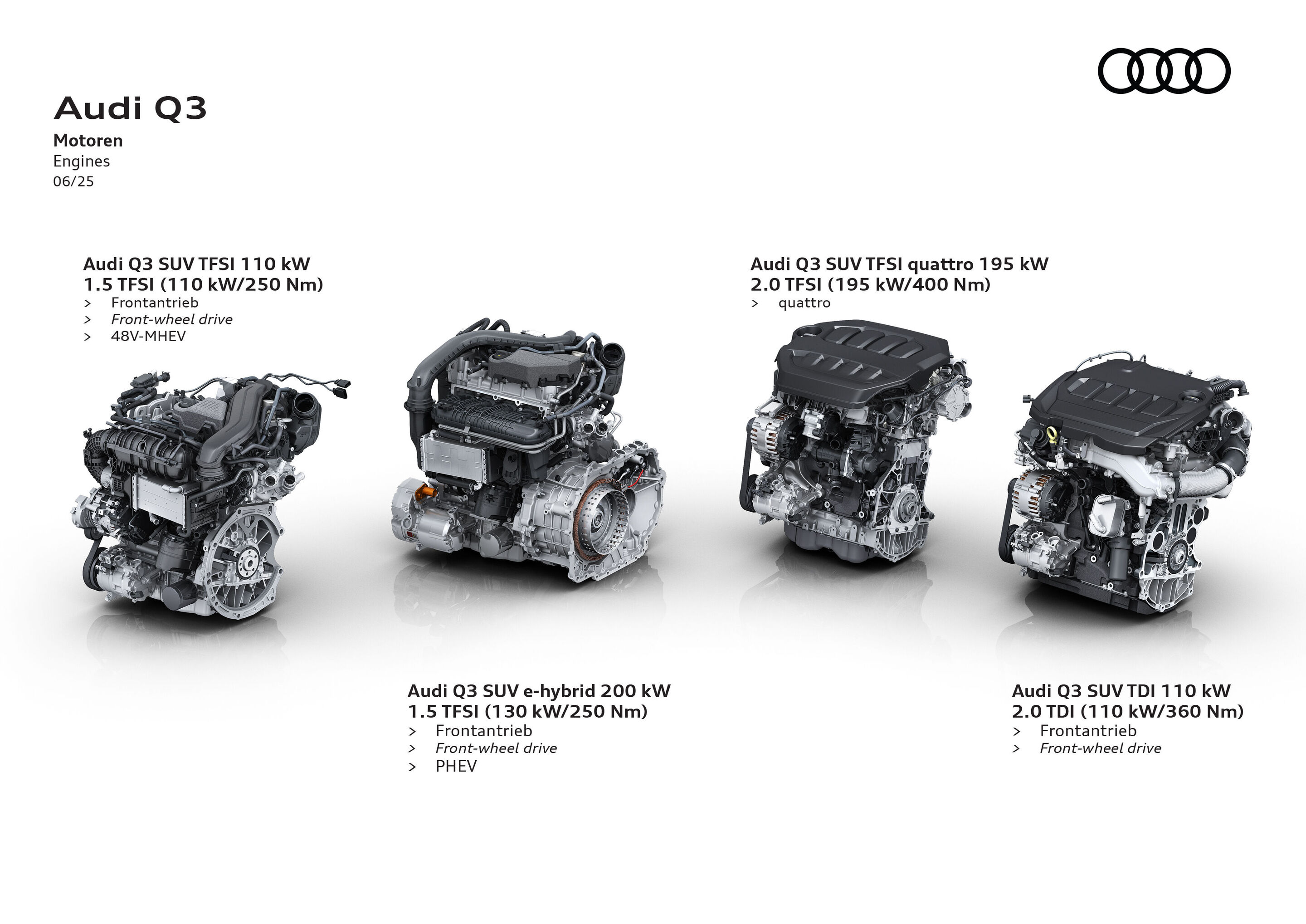 Illustration - Audi Q3 - Engines - The illustration shows the range of engines available in the Audi Q3. From left to right: the 1.5 TFSI with 110 kW and 250 Nm with the 48V MHEV energy system; the 1.5 TFSI e-hybrid version with 130 kW and 250 Nm; the...