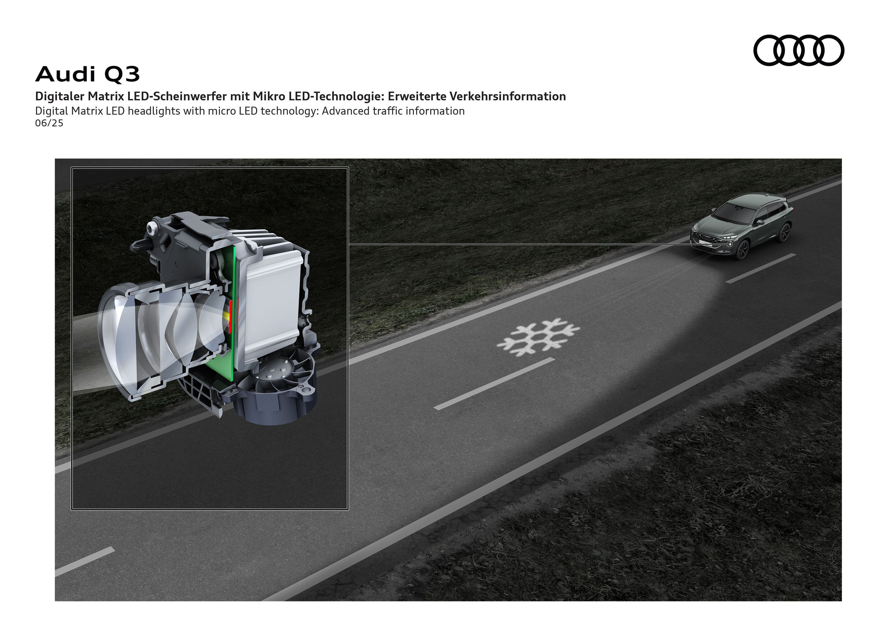 Illustration - Audi Q3 - Digitaler Matrix LED-Scheinwerfer mit Mikro LED-Technologie: erweiterte Verkehrsinformation - Die Illustration zeigt eine der erweiterten Verkehrsinformationsfunktionen des digitalen Matrix-LED-Scheinwerfers, bei der ein Symbol...