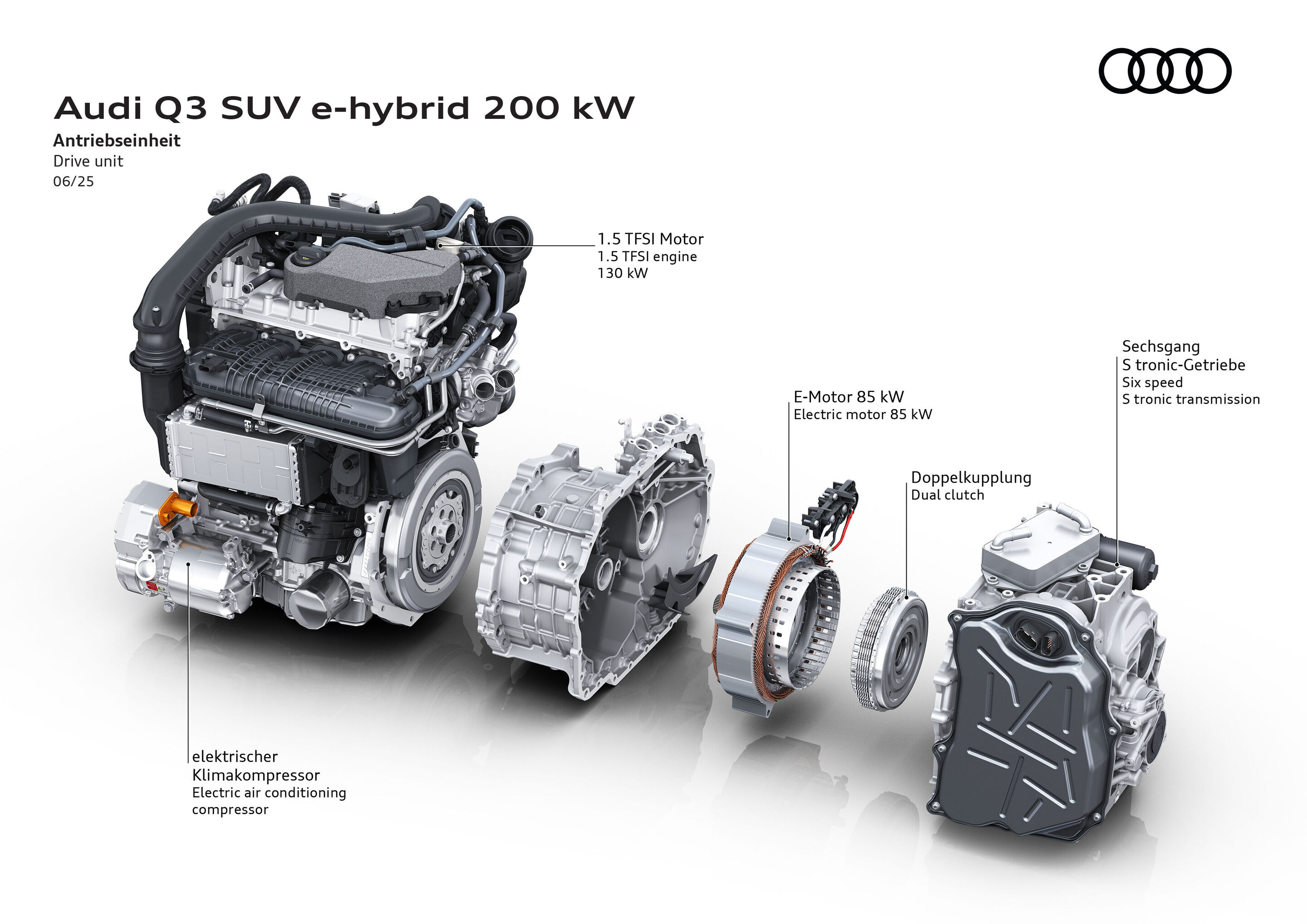 Illustration - Audi Q3 SUV e-hybrid 200 kW - Antriebseinheit - Die Illustration zeigt eine Explosionsdarstellung der Hauptkomponenten der Antriebseinheit des Audi Q3 SUV e-hybrid 200 kW.