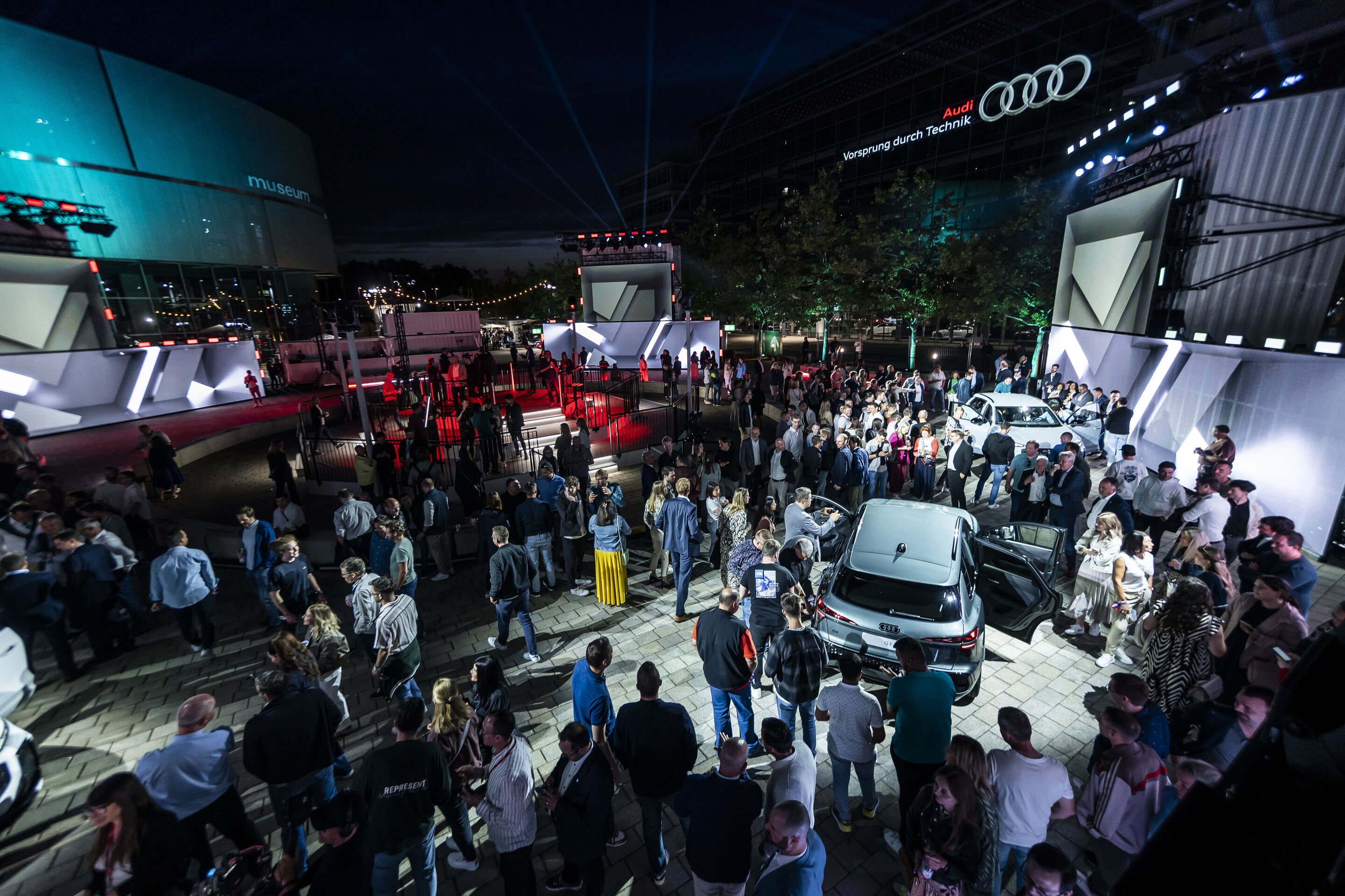 Audi Q3 Global Reveal - At the Audi Forum Ingolstadt, guests and employees experienced a product show with the latest Audi models. The highlight was the immersive unveiling of the all-new Audi Q3 at nightfall.