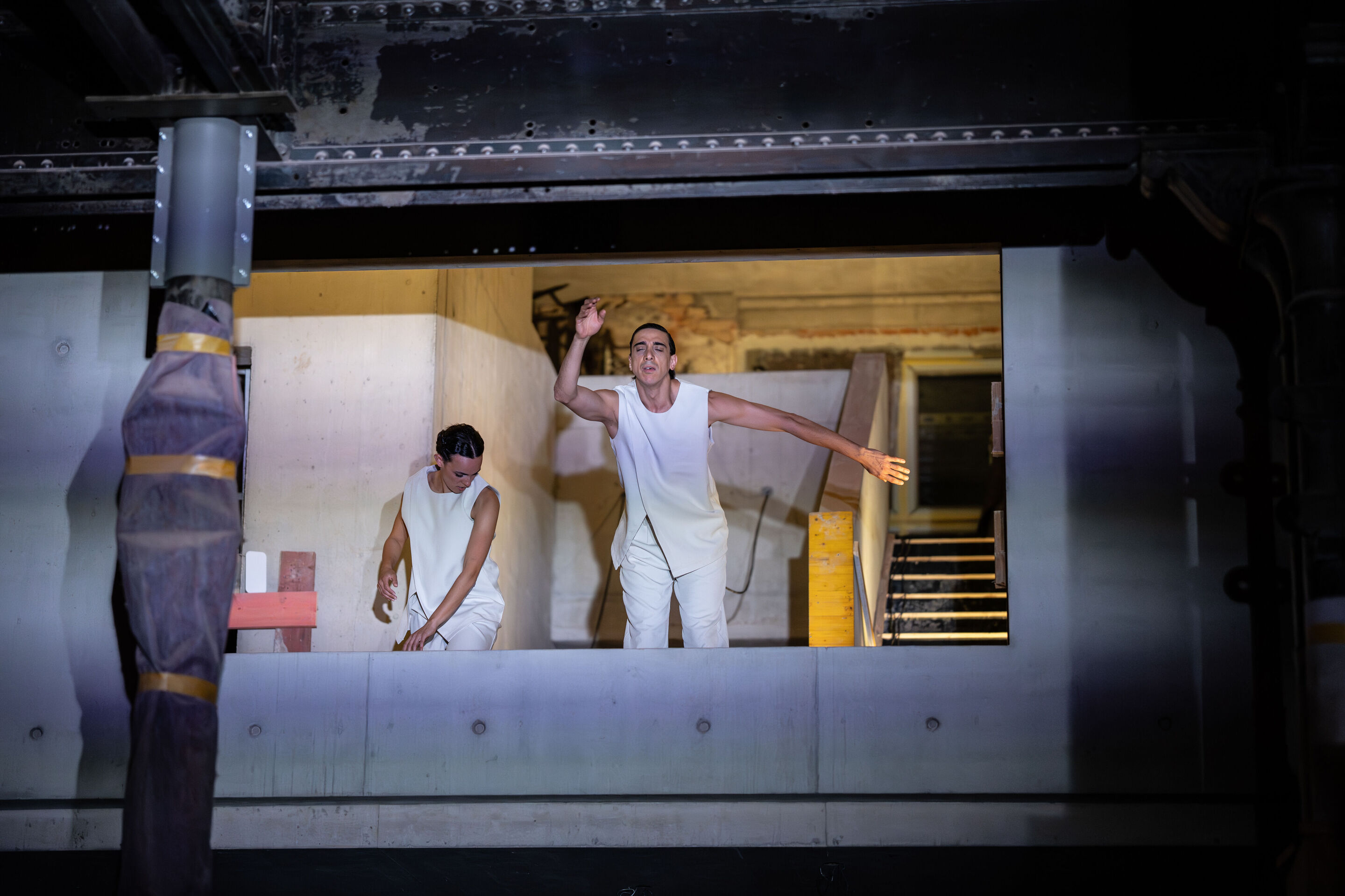 “Lux!”: Theatrical concert at the construction site of the MCAD; Arcis Saxophone Quartet, vocal ensemble LauschWerk - On the construction site of the new Museum of Concrete Art and Design Ingolstadt, Erica D’Amico and Cristian Cucco, dressed in white,...