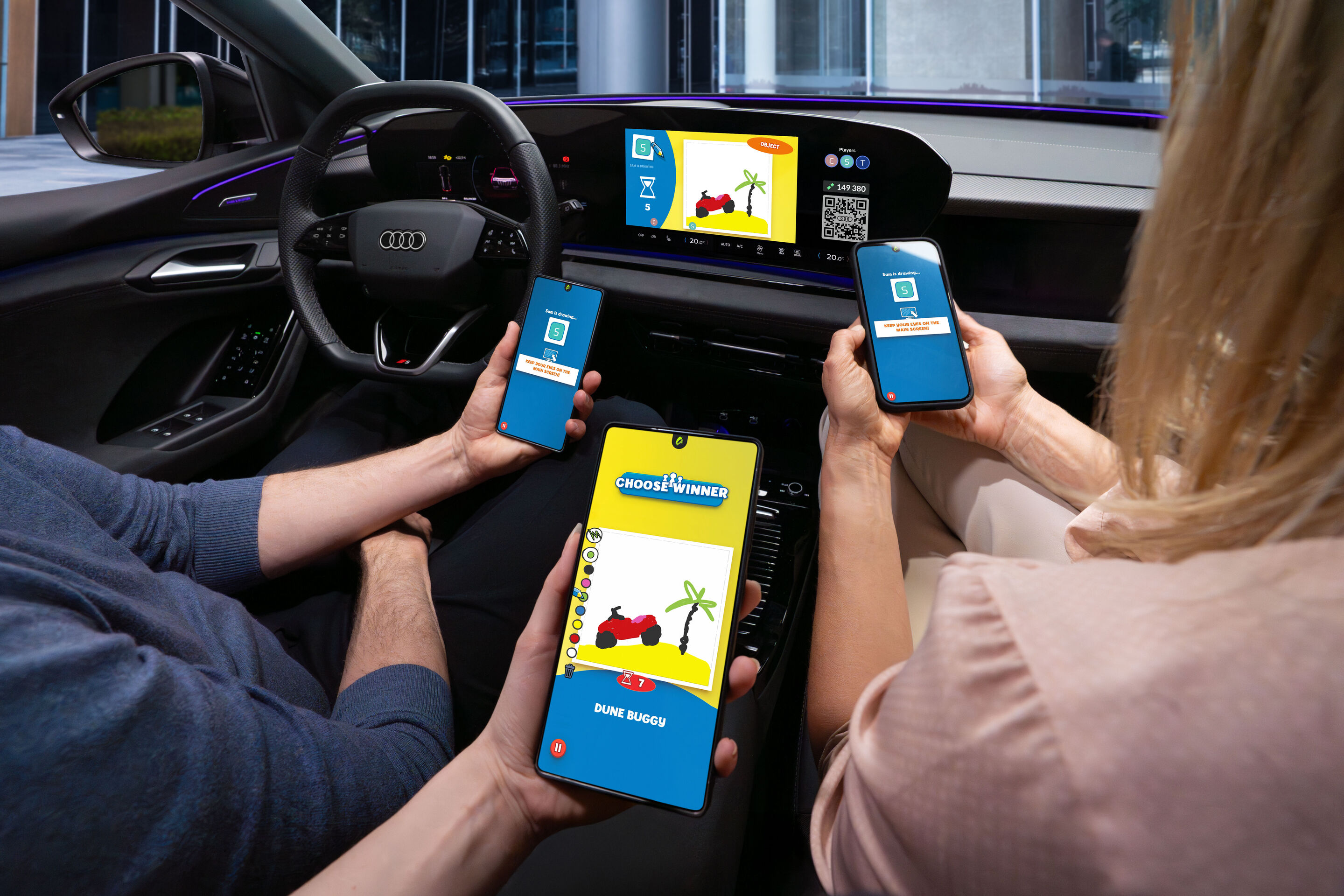 Gaming fun on the go: Audi integrates AirConsole - A game from the AirConsole gaming platform runs on the touch display in an Audi. The driver, front passenger, and a person in the back seat each hold a smartphone in front of the display. They use the...