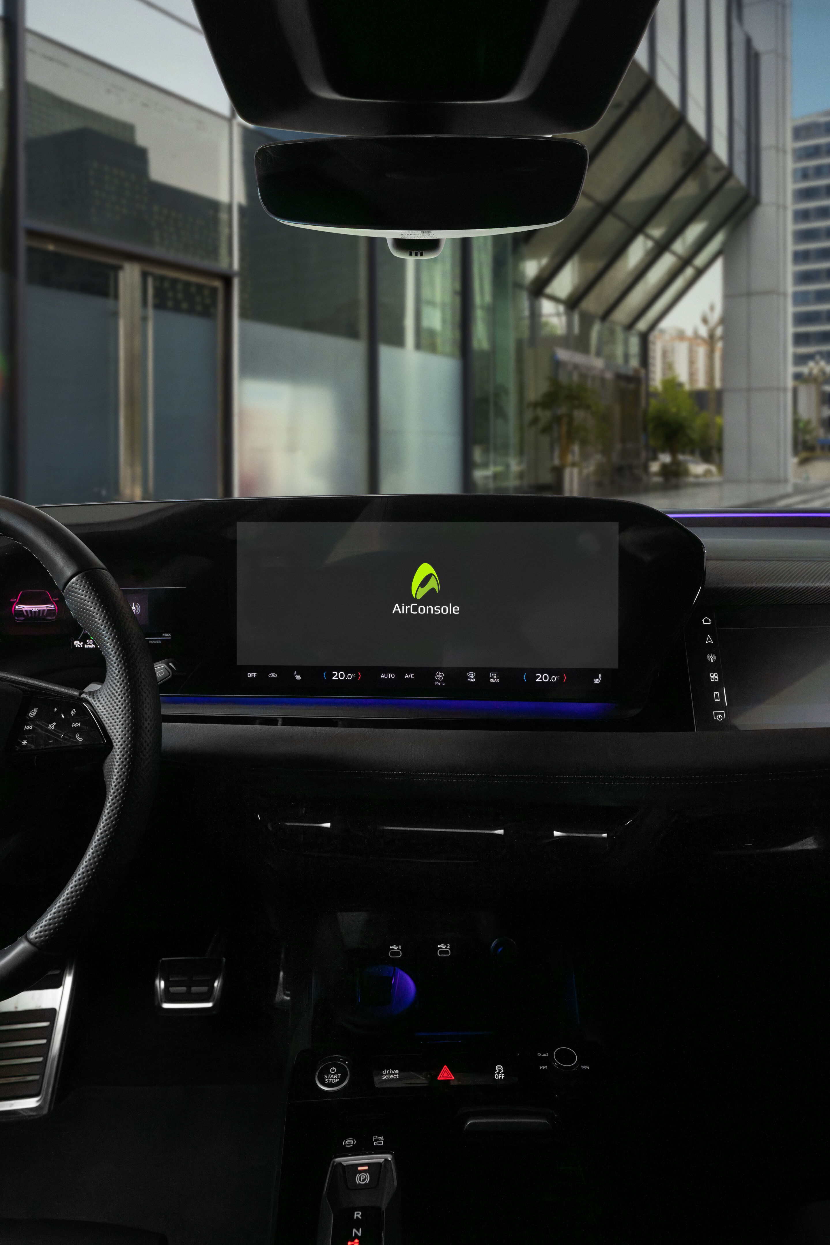Gaming fun on the go: Audi integrates AirConsole - The logo of the AirConsole gaming platform appears on a car display.