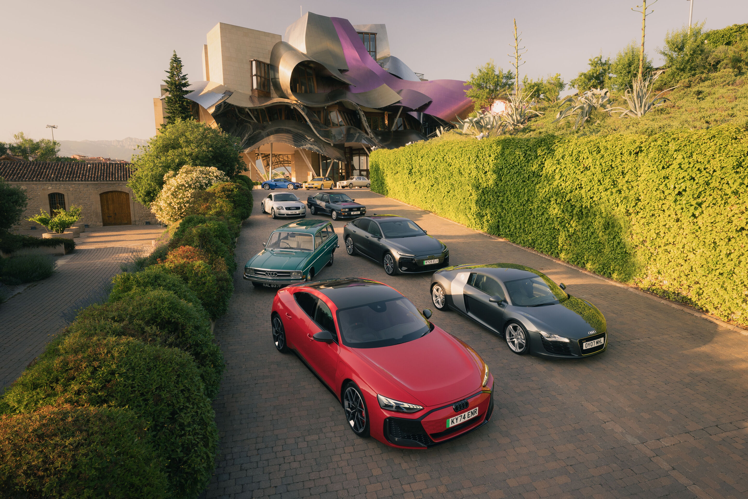 60 years design innovation at Audi - Audi celebrates 60 years of design innovation in Bilbao, Spain, by bringing together a curated selection of iconic vehicles from the heritage fleet of Audi UK:
1st row from the left: Audi RS e-tron GT (2024), Audi...