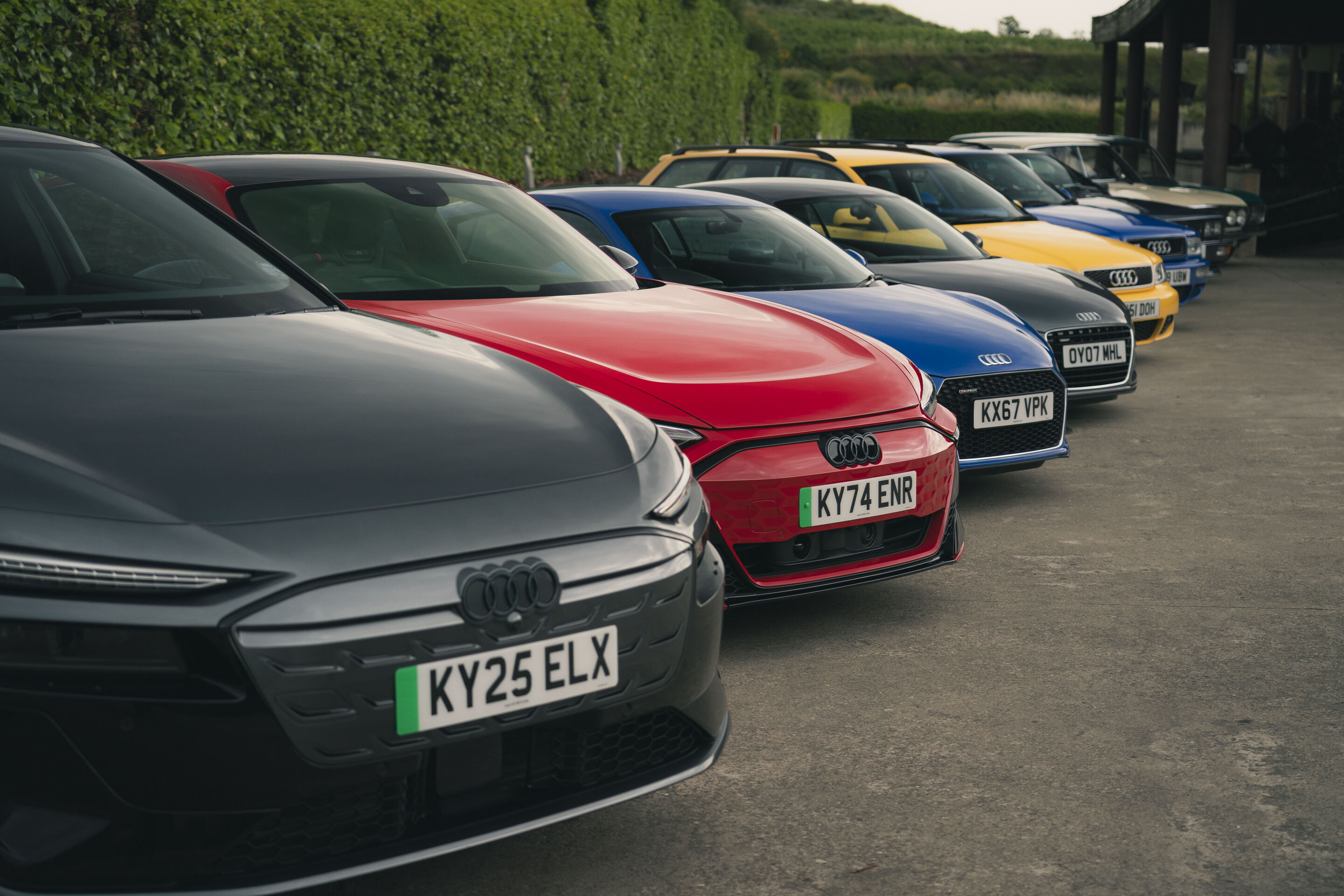 60 years design innovation at Audi - Audi celebrates 60 years of design innovation in Bilbao, Spain, by bringing together a curated selection of iconic vehicles from the heritage fleet of Audi UK:
From the left: Audi A6 Sportback e-tron (2025), Audi RS...