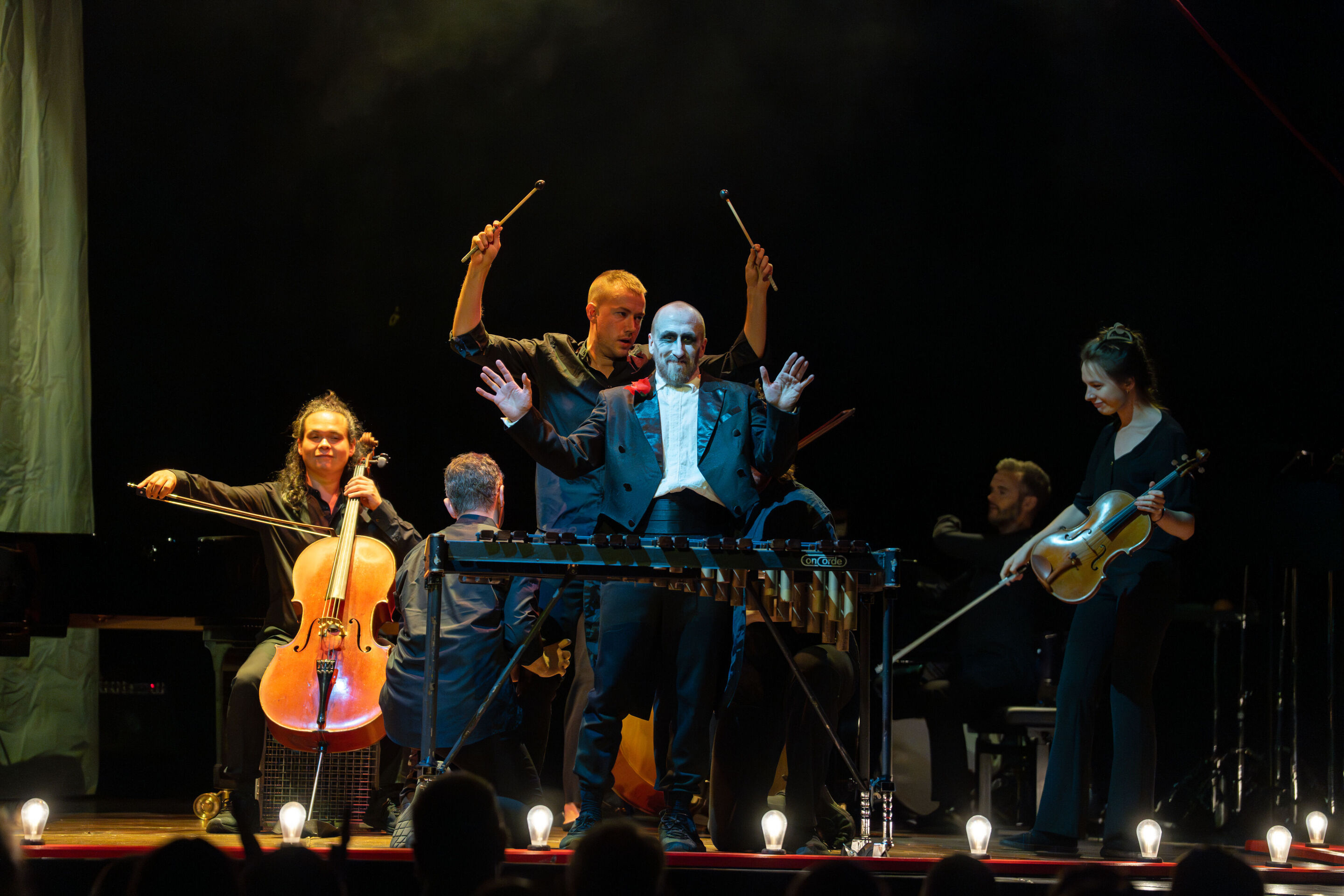 “Carnival”: Theatrical concert for families about the fabulous world of instruments - Dancer Christopher Akrill stands in front of a xylophone with his hands raised. Behind him, members of the Aurora Orchestra can be seen with their instruments