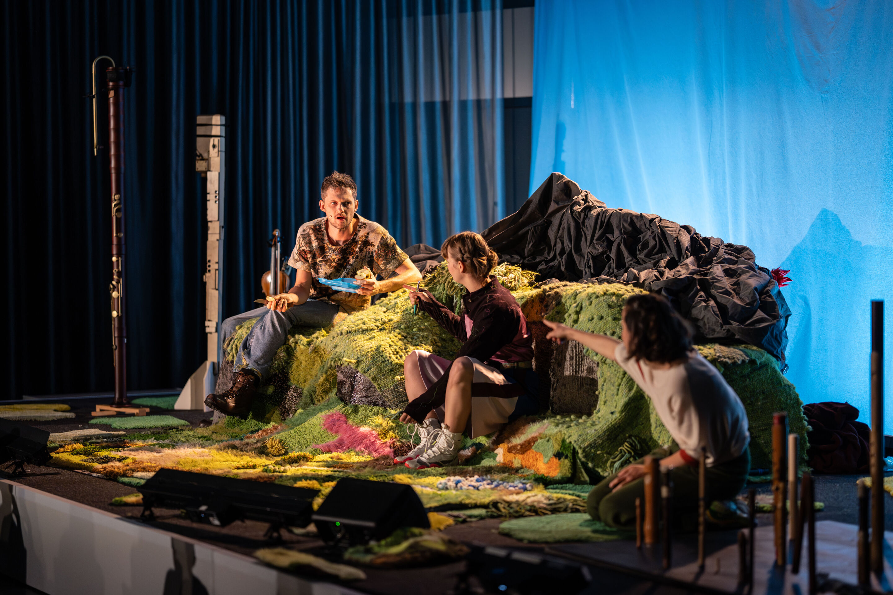 The Salzburg Festival presents: “Berge flüstern laut” – musical theater for children - From the right, the view of the Salzburg Festival performers - Matteo Haitzmann(l.), Franca Luisa Burandt and Anne-Suse Enßle(r.) - in the mountainous backdrop on the...