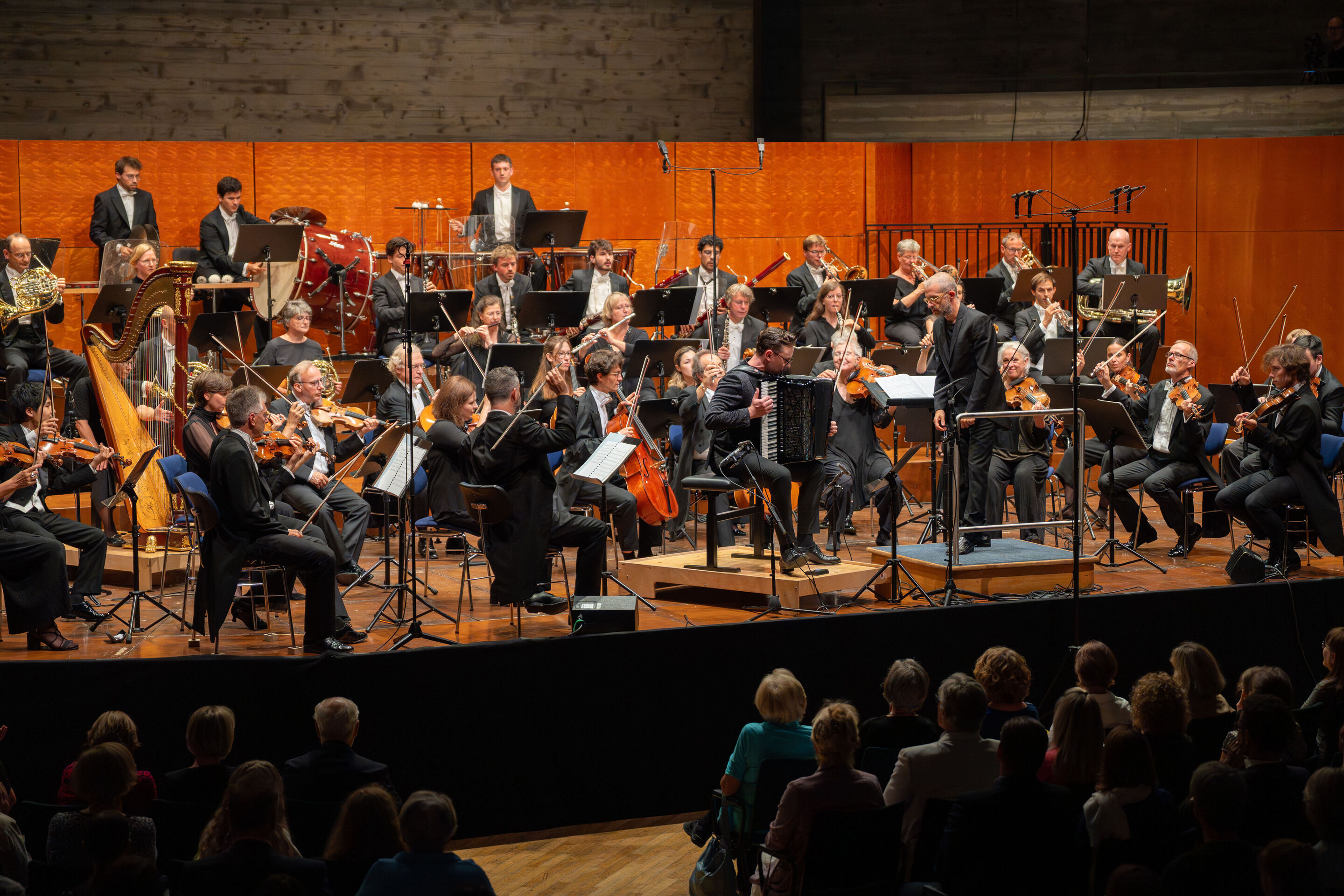 Closing concert with accordion star Martynas Levickis and the Deutsche Kammerphilharmonie Bremen - From the audience's perspective: The Deutsche Kammerphilharmonie Bremen performing with Martynas Levickis under the direction of Omer Meir Wellber.